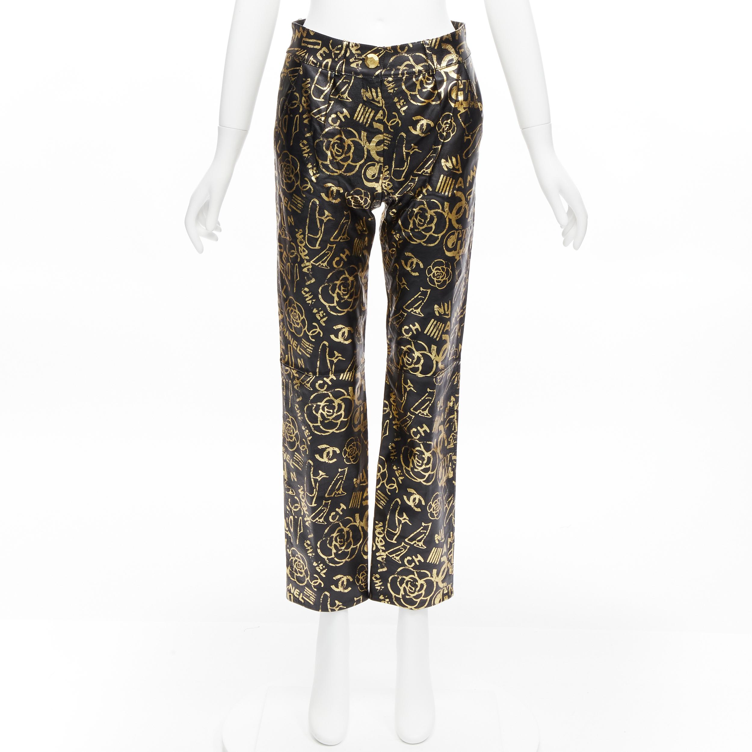 new CHANEL 19A gold CC Camellia graffiti print  lambskin leather pants FR34  For Sale 5