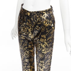 new CHANEL 19A gold CC Camellia graffiti print  lambskin leather pants FR34