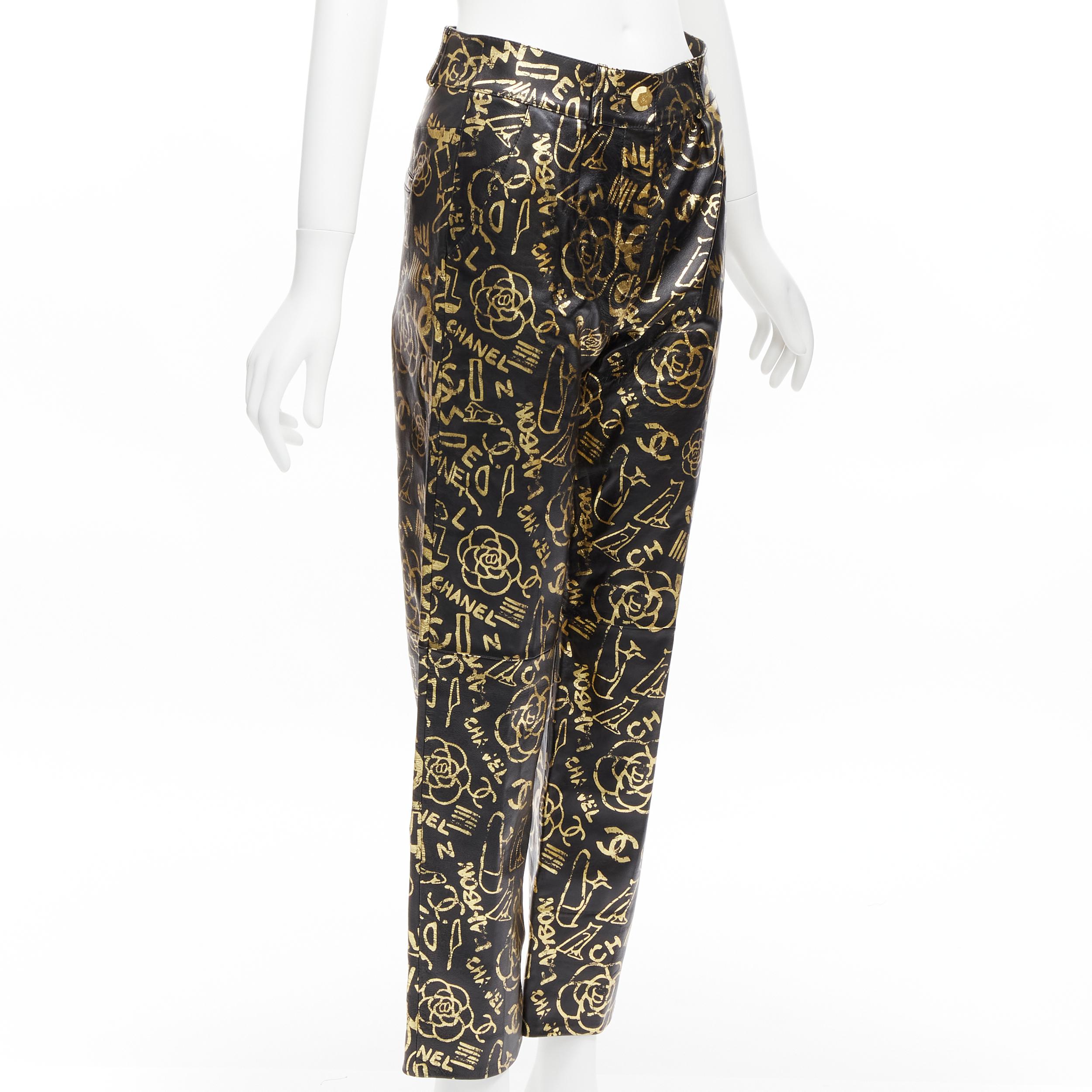 Black new CHANEL 19A gold CC Camellia graffiti print  lambskin leather pants FR34  For Sale