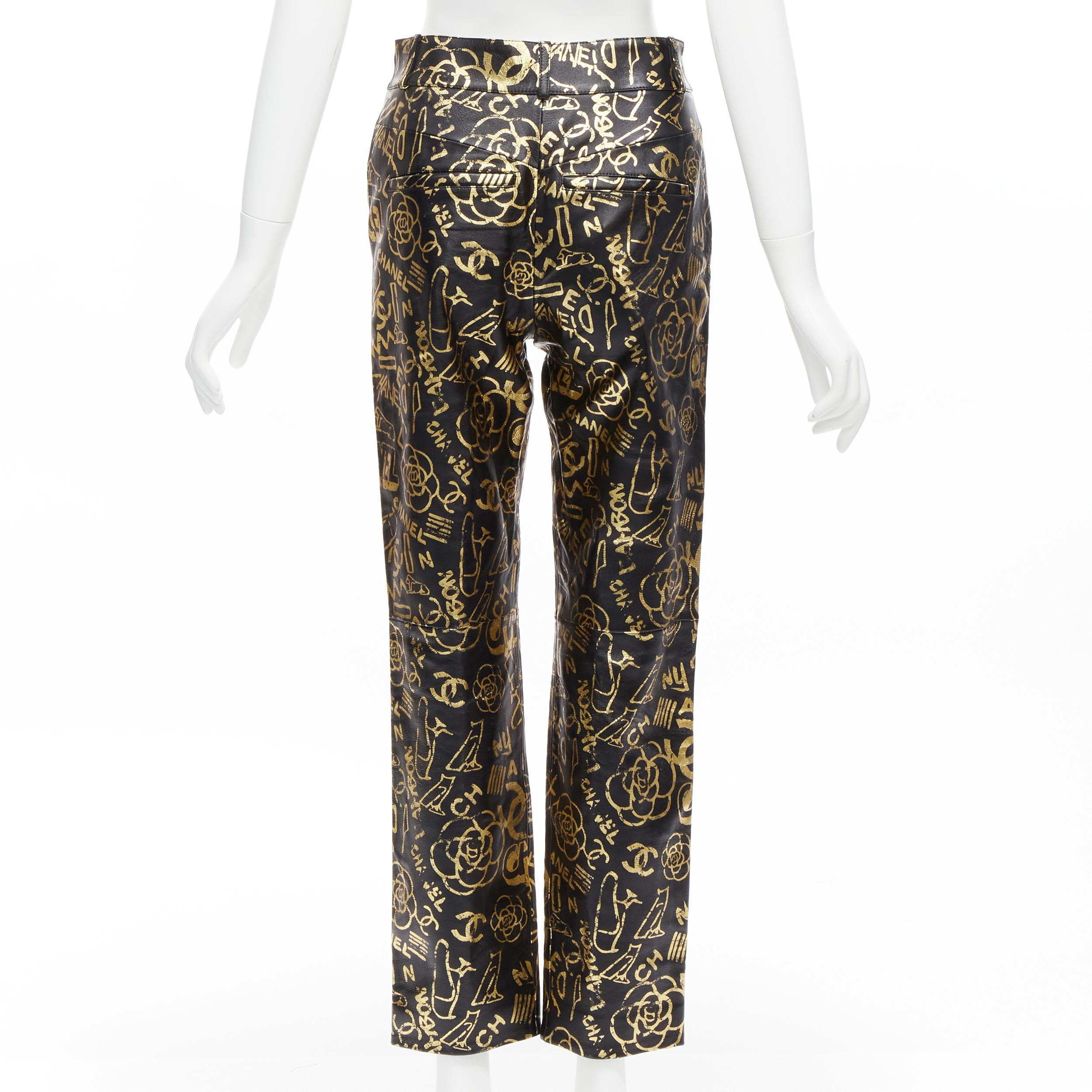 Women's new CHANEL 19A gold CC Camellia graffiti print  lambskin leather pants FR34  For Sale
