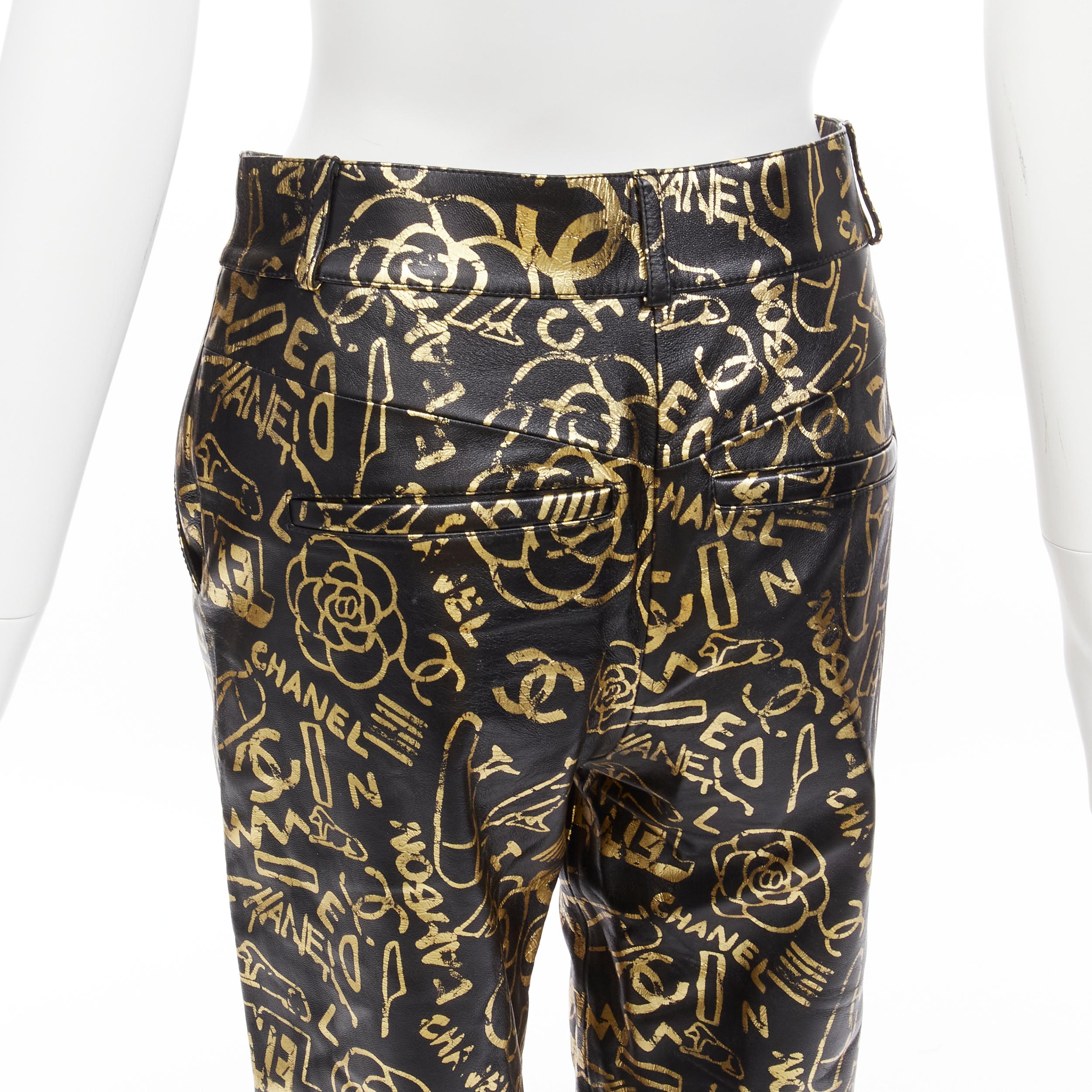 new CHANEL 19A gold CC Camellia graffiti print  lambskin leather pants FR34  For Sale 2