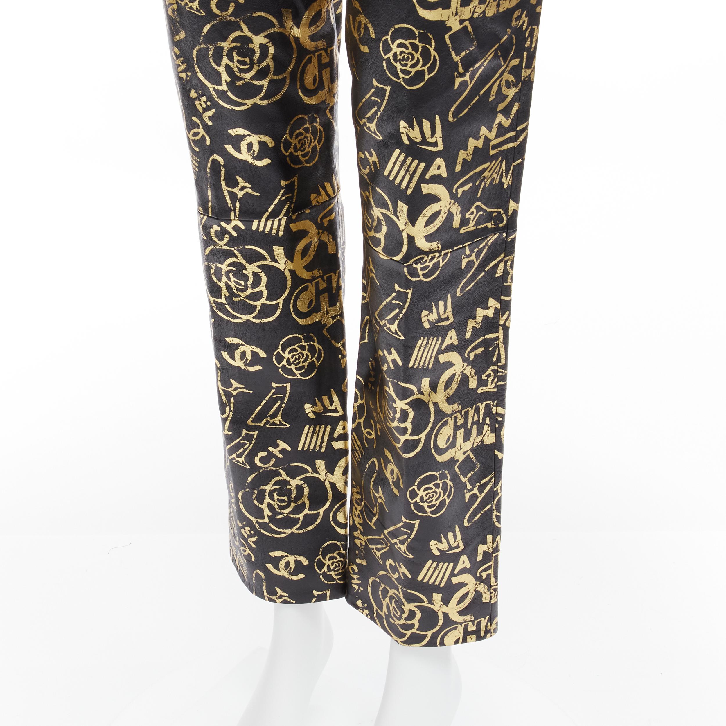 new CHANEL 19A gold CC Camellia graffiti print  lambskin leather pants FR34  For Sale 3