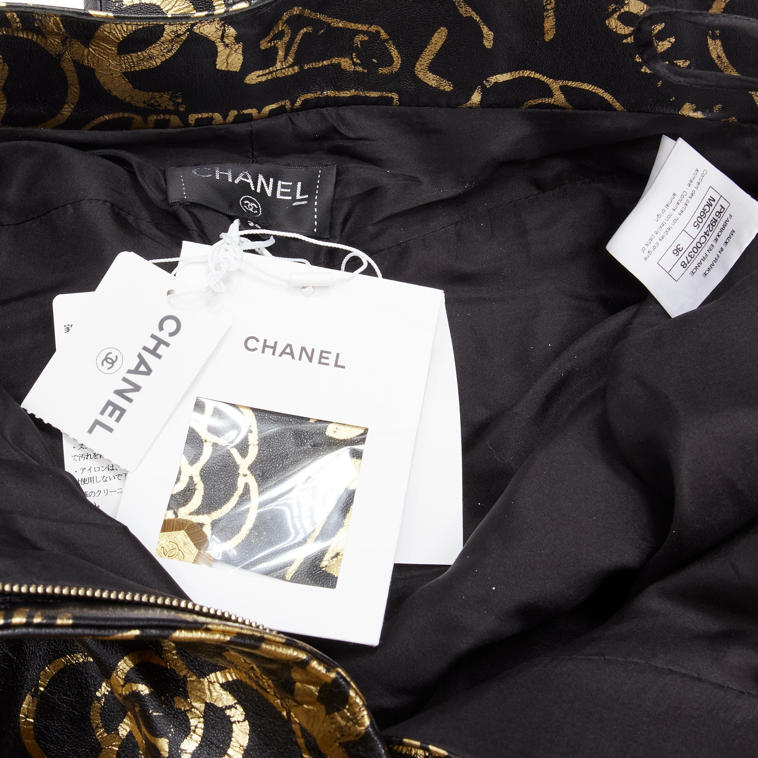 new CHANEL 19A gold CC Camellia graffiti print  lambskin leather pants FR34  For Sale 4