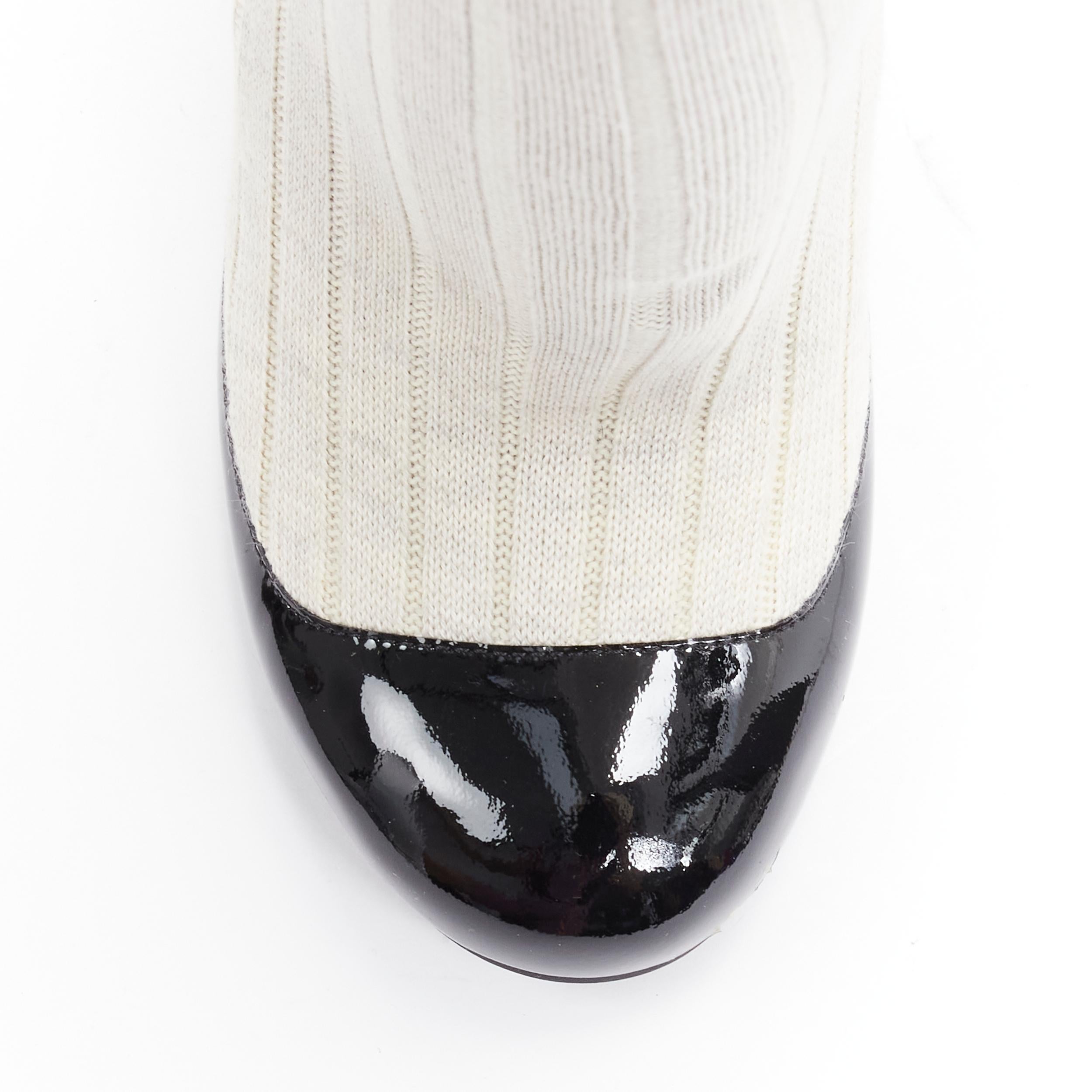 new CHANEL 2014 Runway beige ribbed sock black patent CC logo high heel EU37.5 2