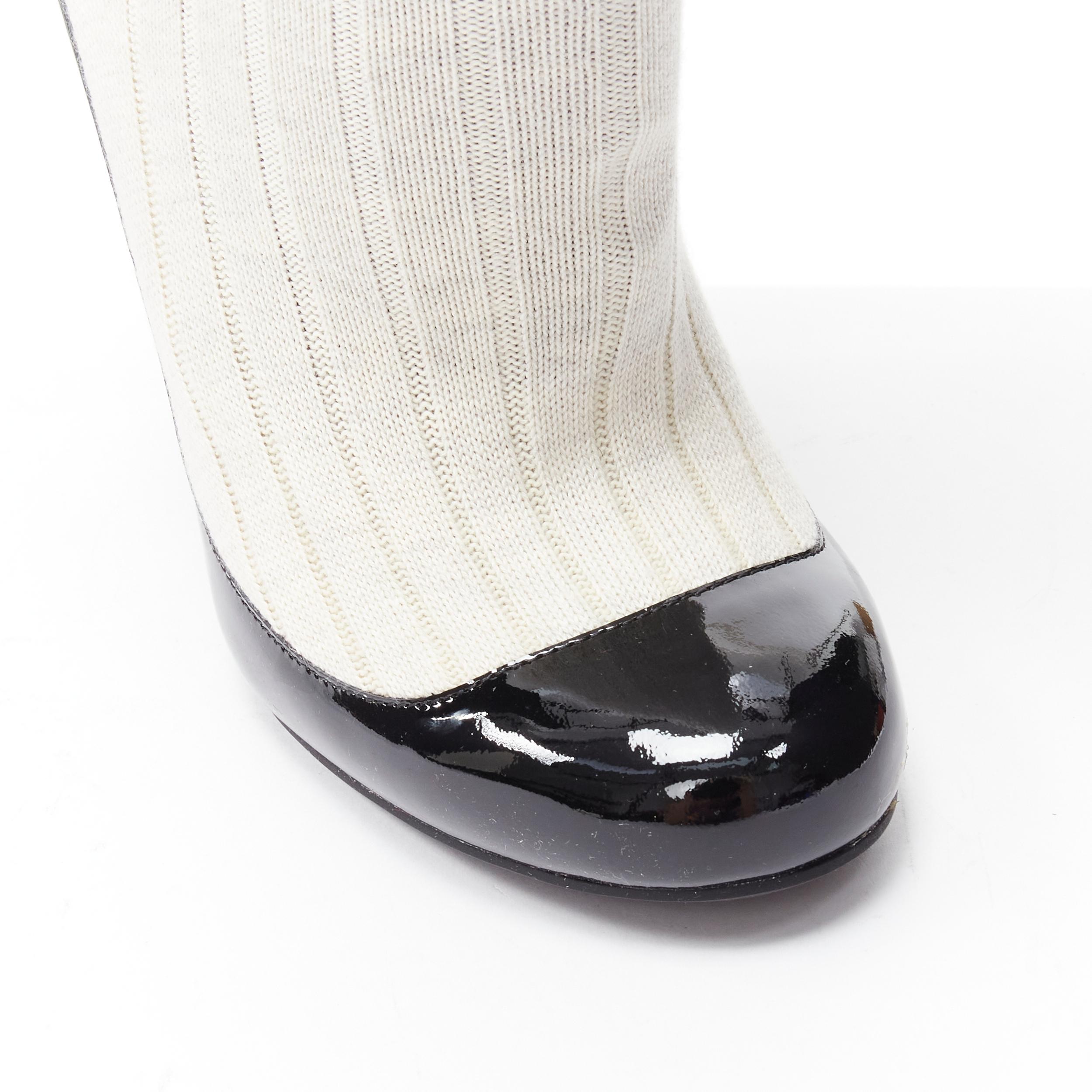 new CHANEL 2014 Runway beige ribbed sock black patent CC logo high heel EU37.5 3