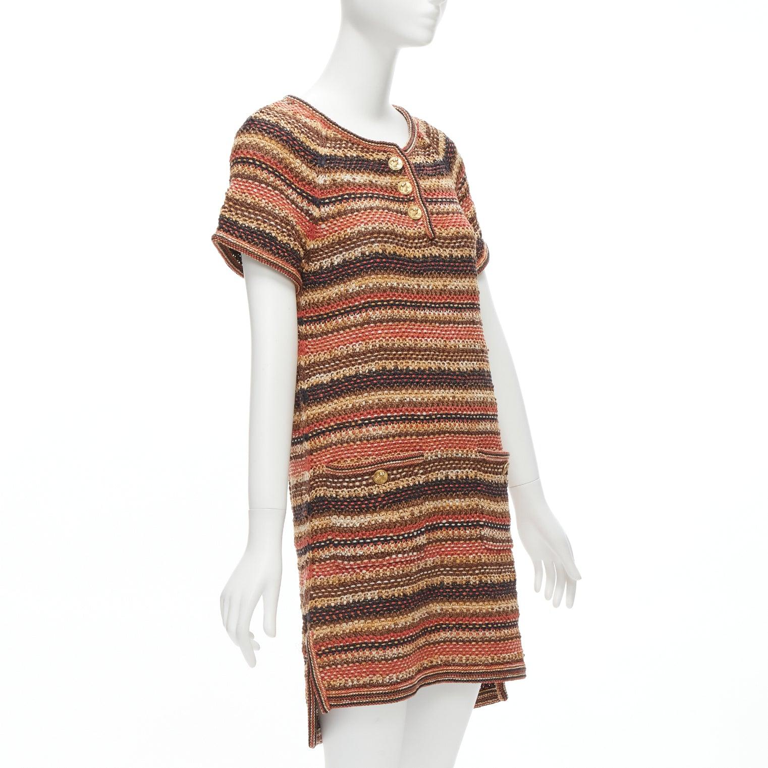new CHANEL 2018 Runway CC button brown striped linen cotton knit dress FR38 M In New Condition For Sale In Hong Kong, NT