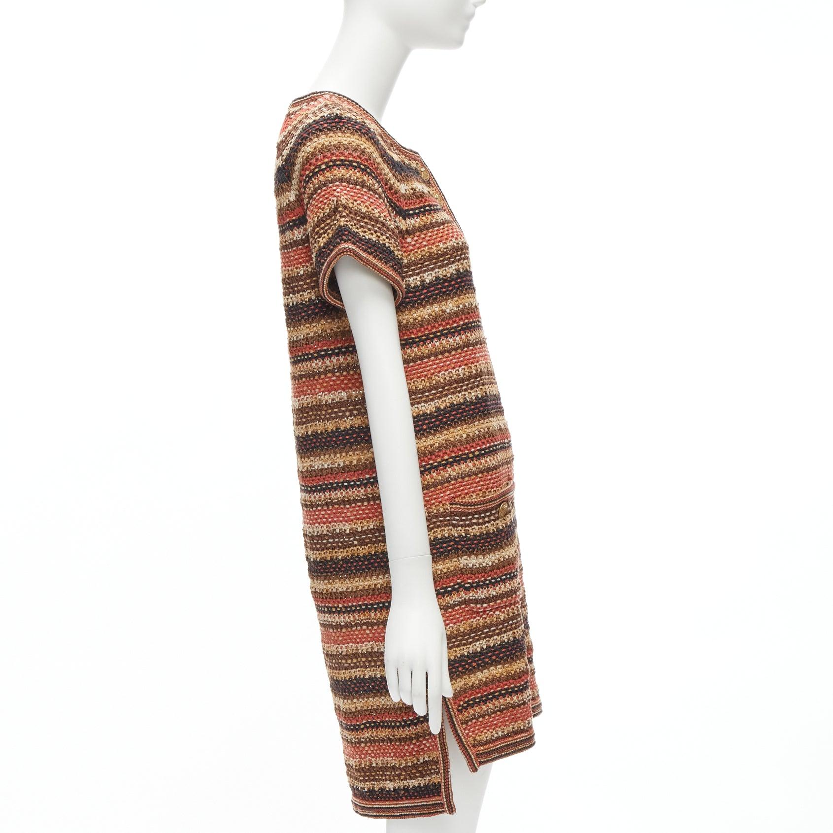 Women's new CHANEL 2018 Runway CC button brown striped linen cotton knit dress FR38 M For Sale