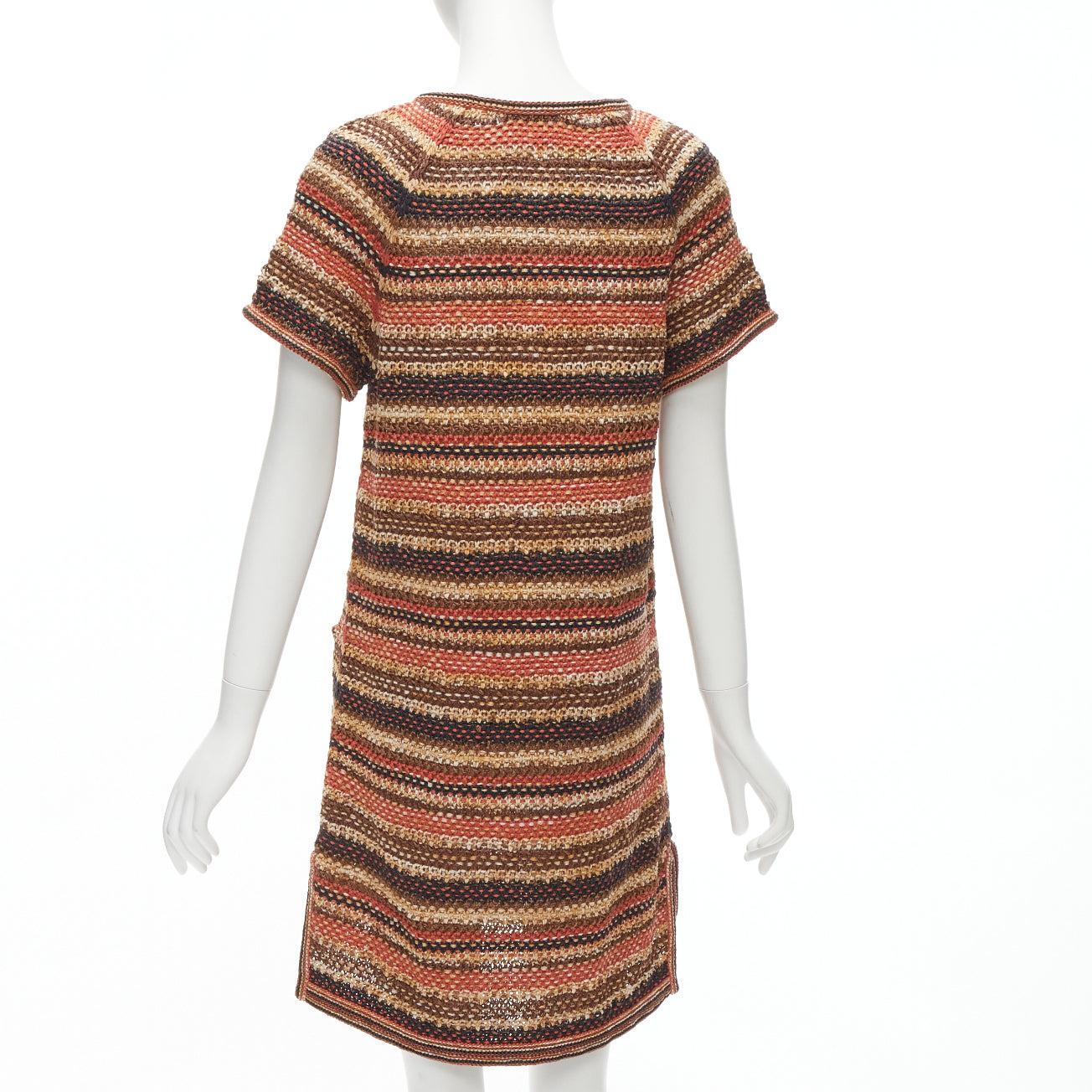 new CHANEL 2018 Runway CC button brown striped linen cotton knit dress FR38 M For Sale 1