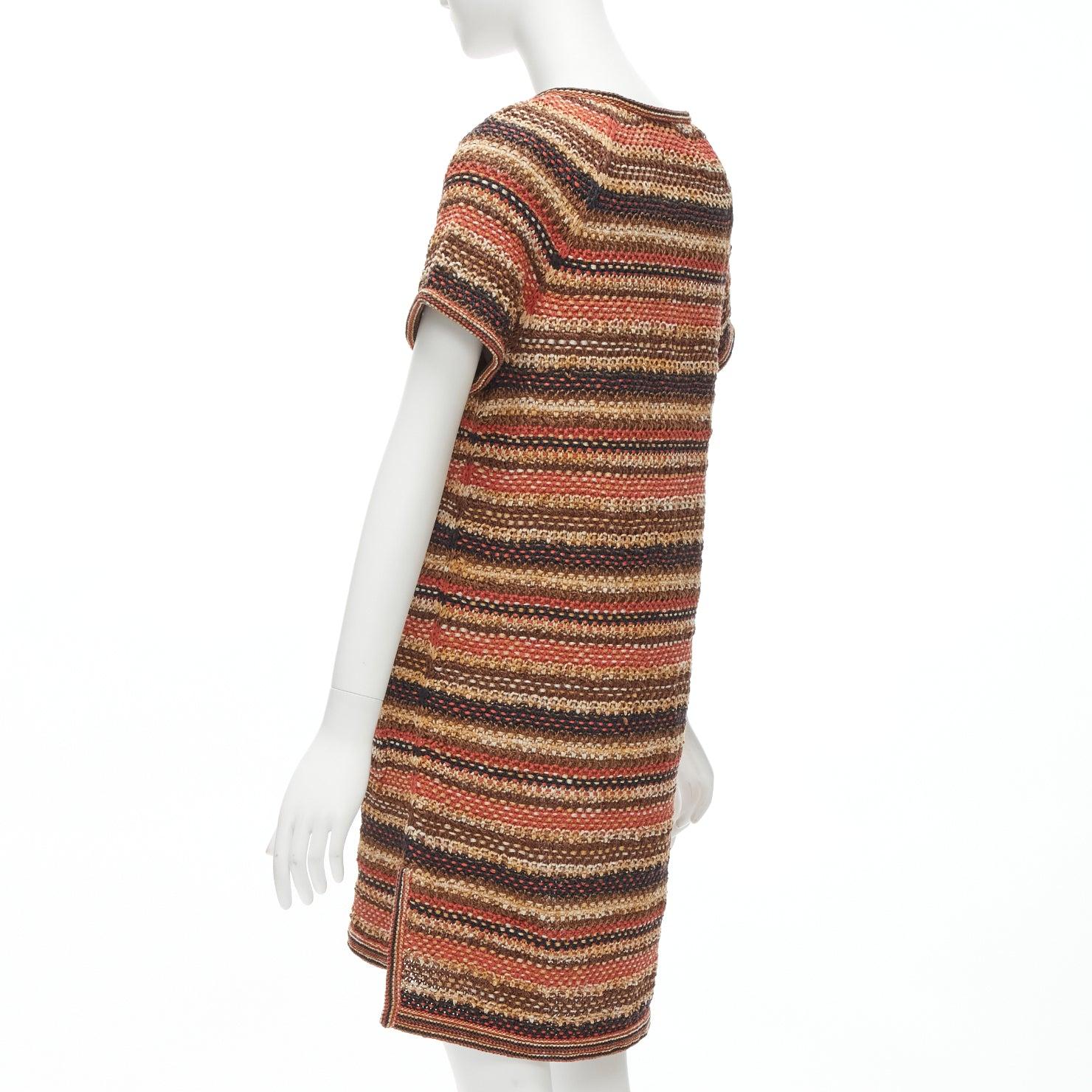 new CHANEL 2018 Runway CC button brown striped linen cotton knit dress FR38 M en vente 2
