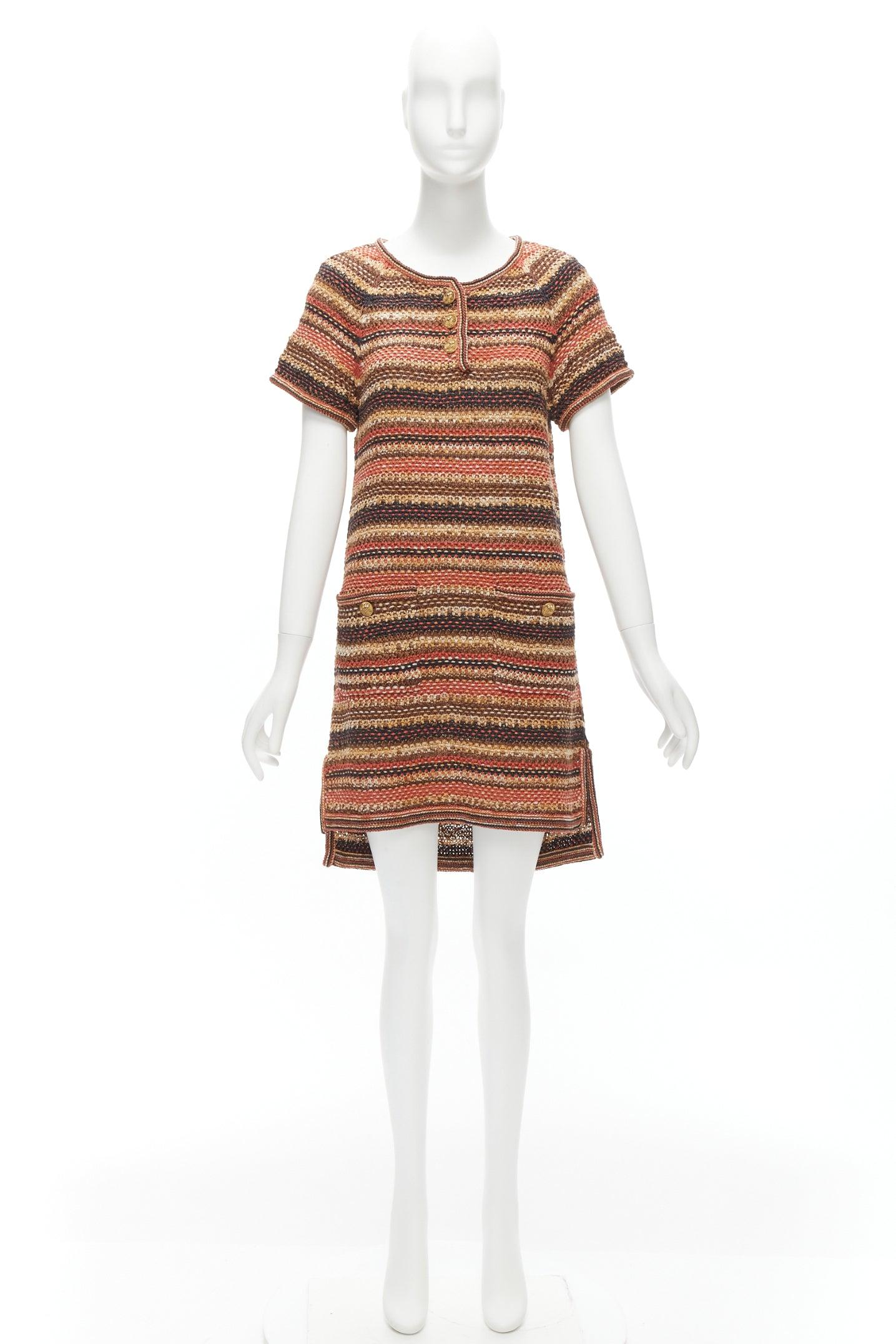 new CHANEL 2018 Runway CC button brown striped linen cotton knit dress FR38 M For Sale 5