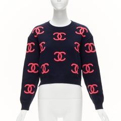 new CHANEL 21P pink navy CC logo intarsia cashmere blend cropped sweater FR38 M