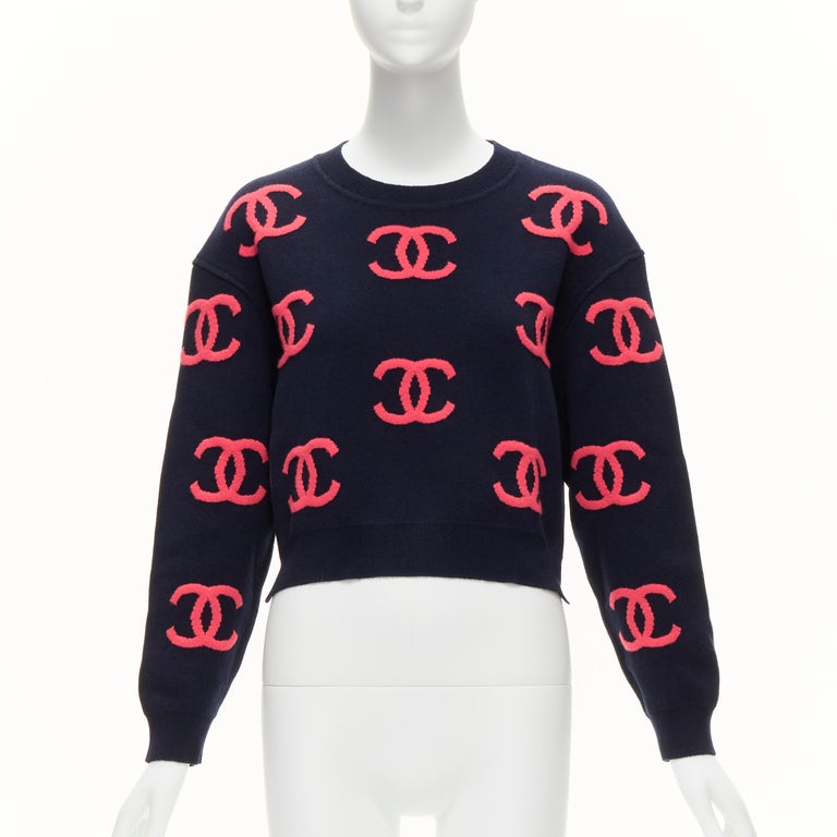 new CHANEL 21P pink navy CC logo intarsia cashmere blend cropped sweater  FR38 M