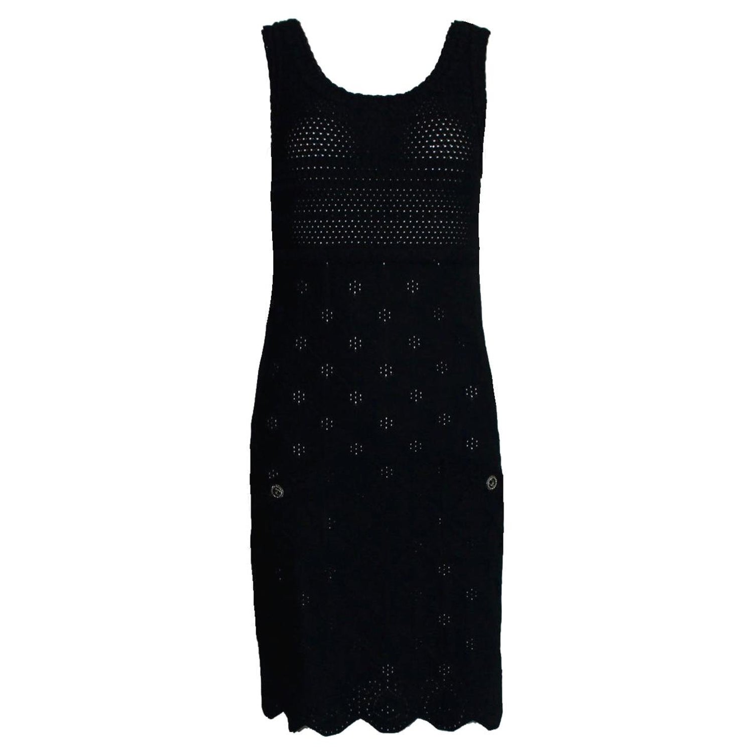 Chanel Black Silk Crochet Knit Dress CC Star Logo Buttons 38