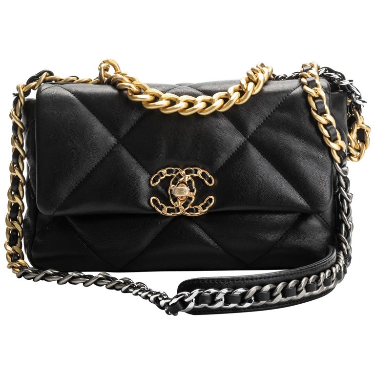 Chanel Black Quilted Lambskin Medium 19 Flap Brushed Gold And