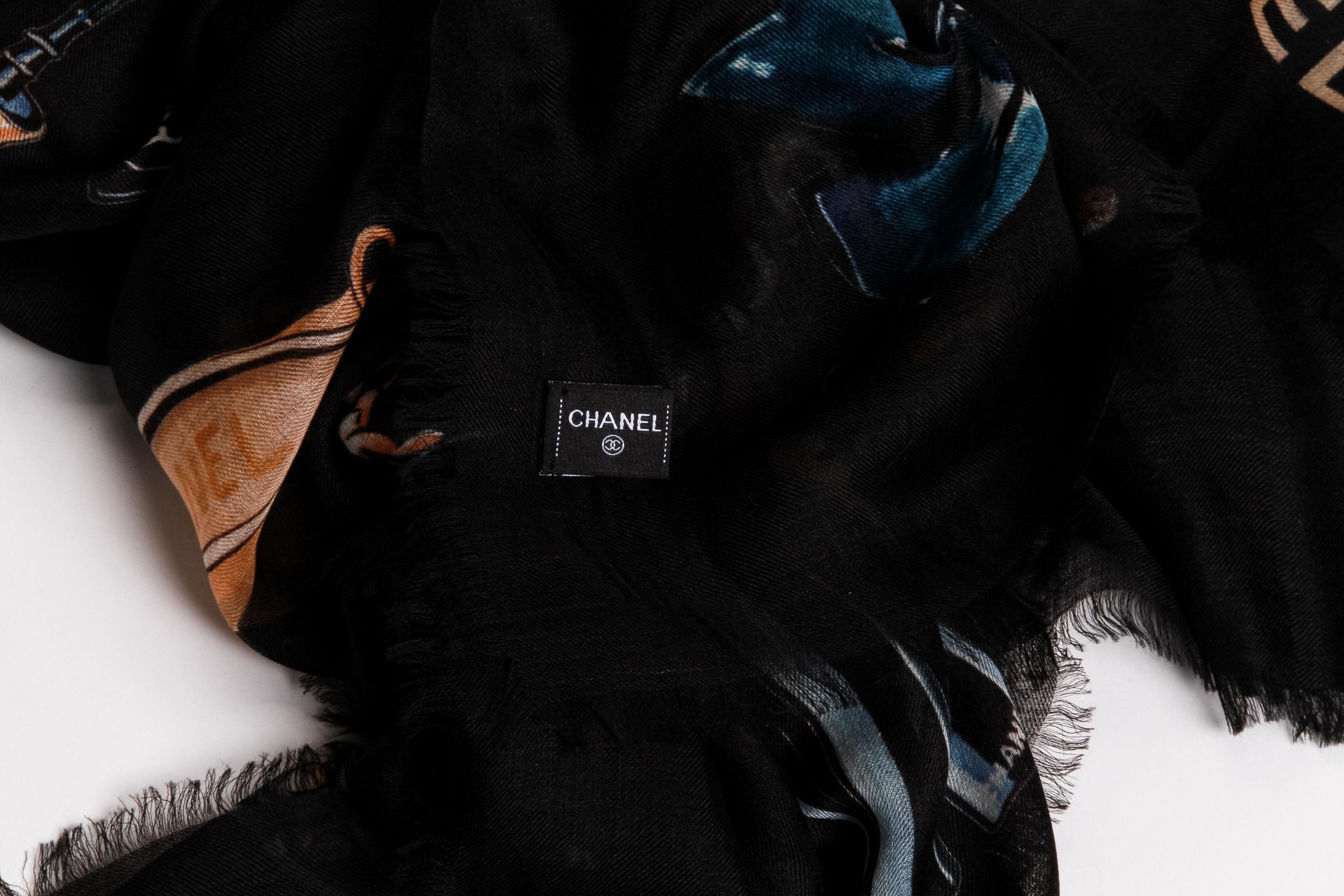 Women's New Chanel Black Cashmere Icons XL shawl 74
