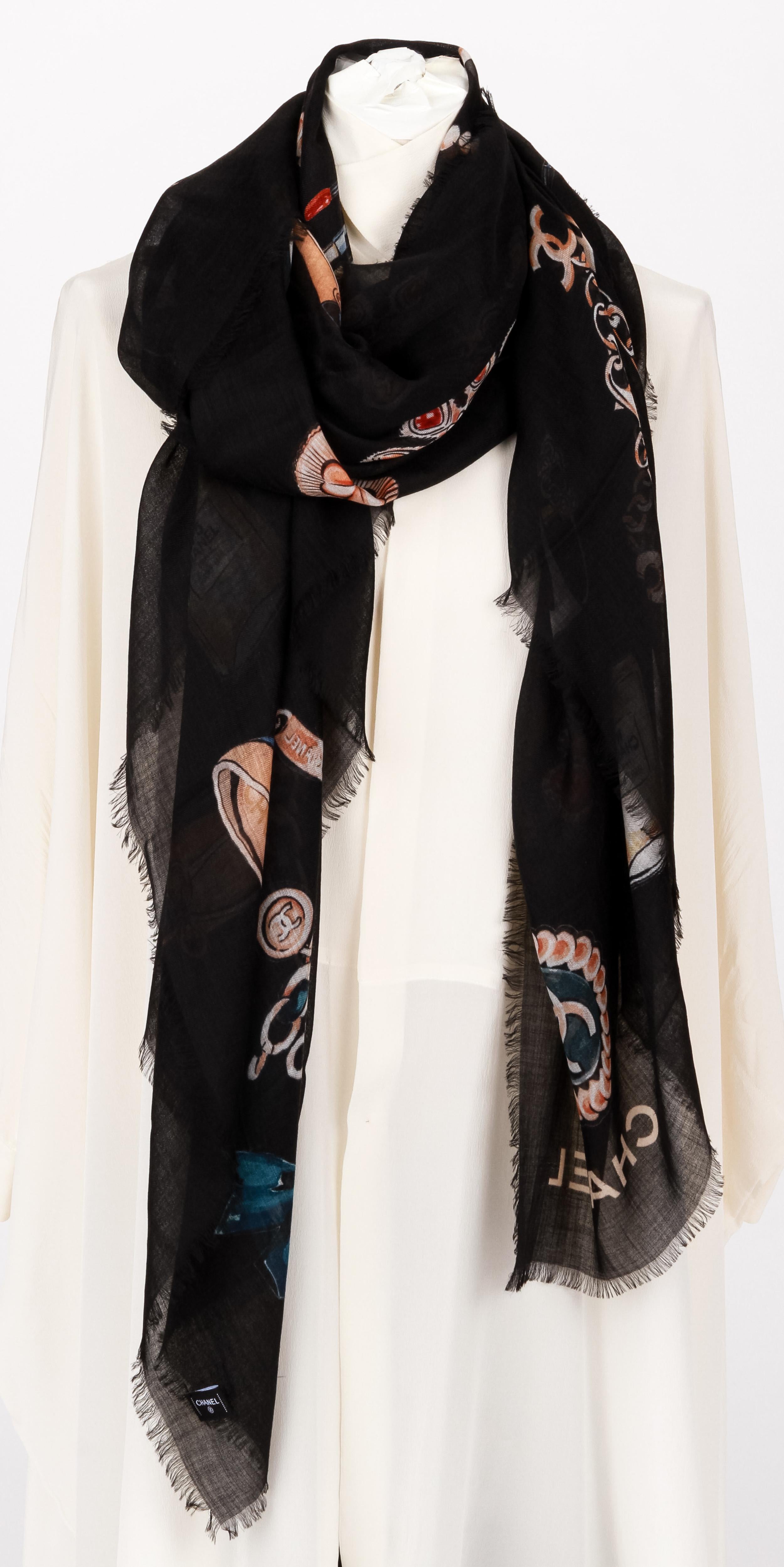 Women's New Chanel Black Cashmere Icons XL shawl 74