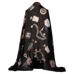 New Chanel Black Cashmere Icons XL shawl 74"