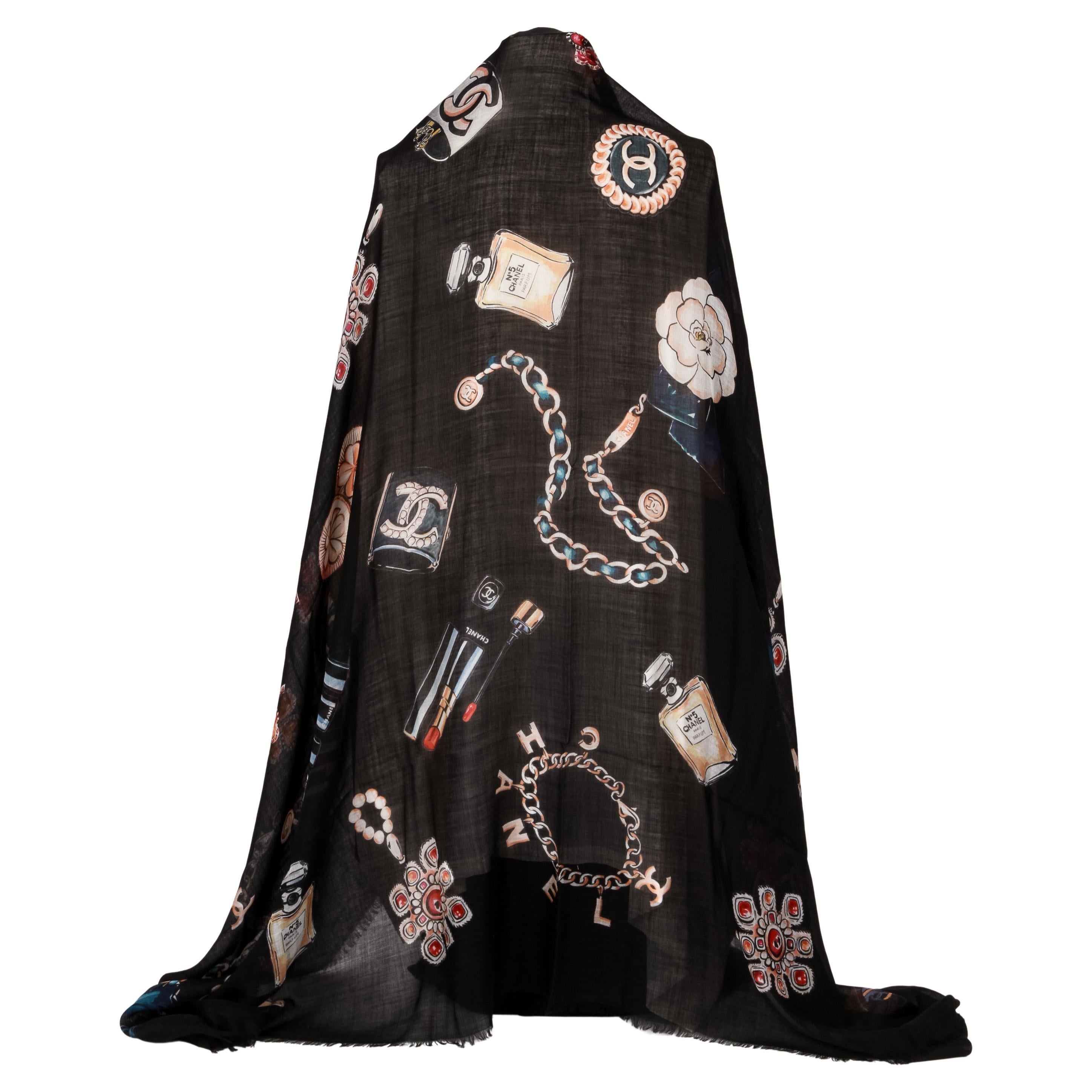 New Chanel Black Cashmere Icons XL shawl 74"  For Sale