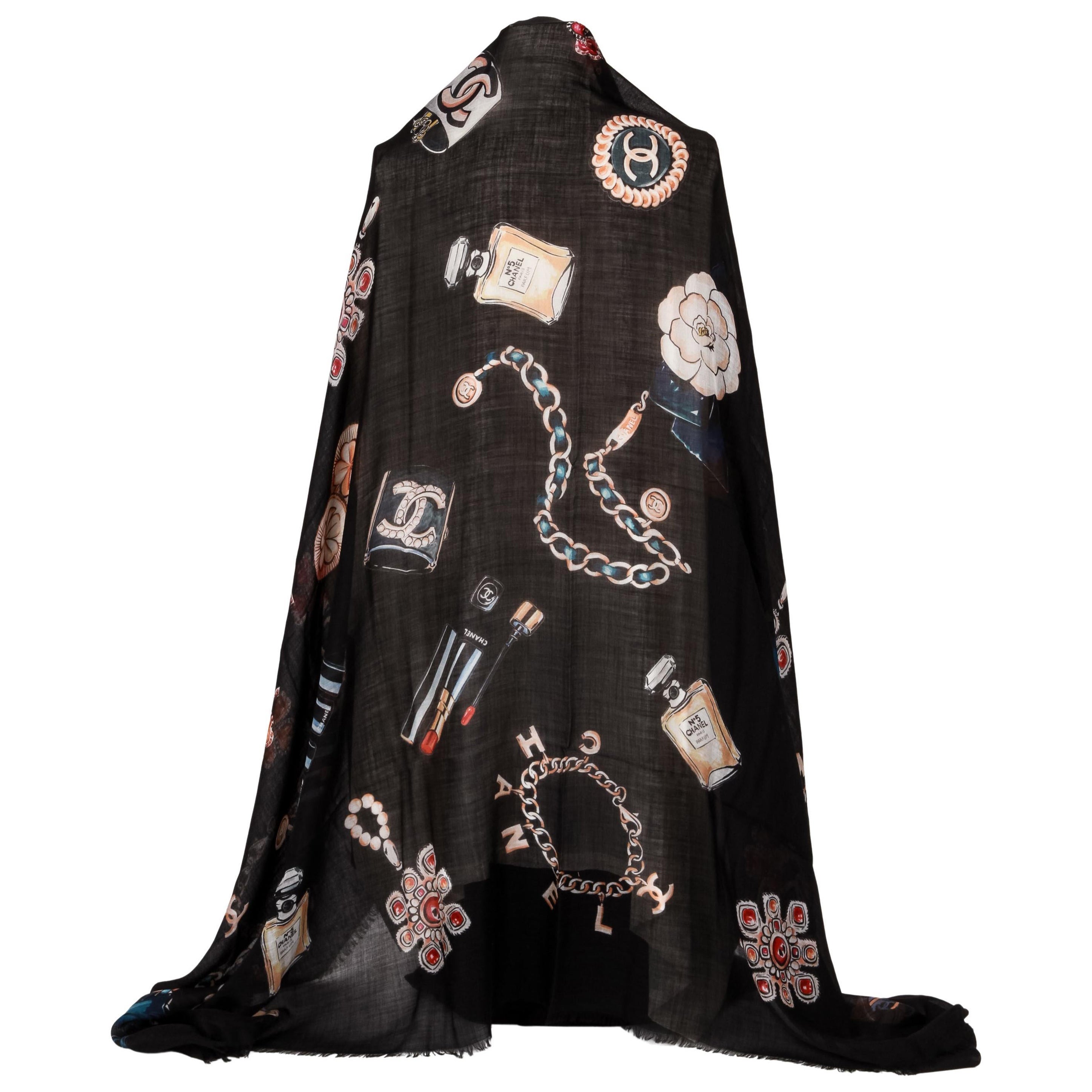 New Chanel Black Cashmere Icons XL shawl 74"  For Sale