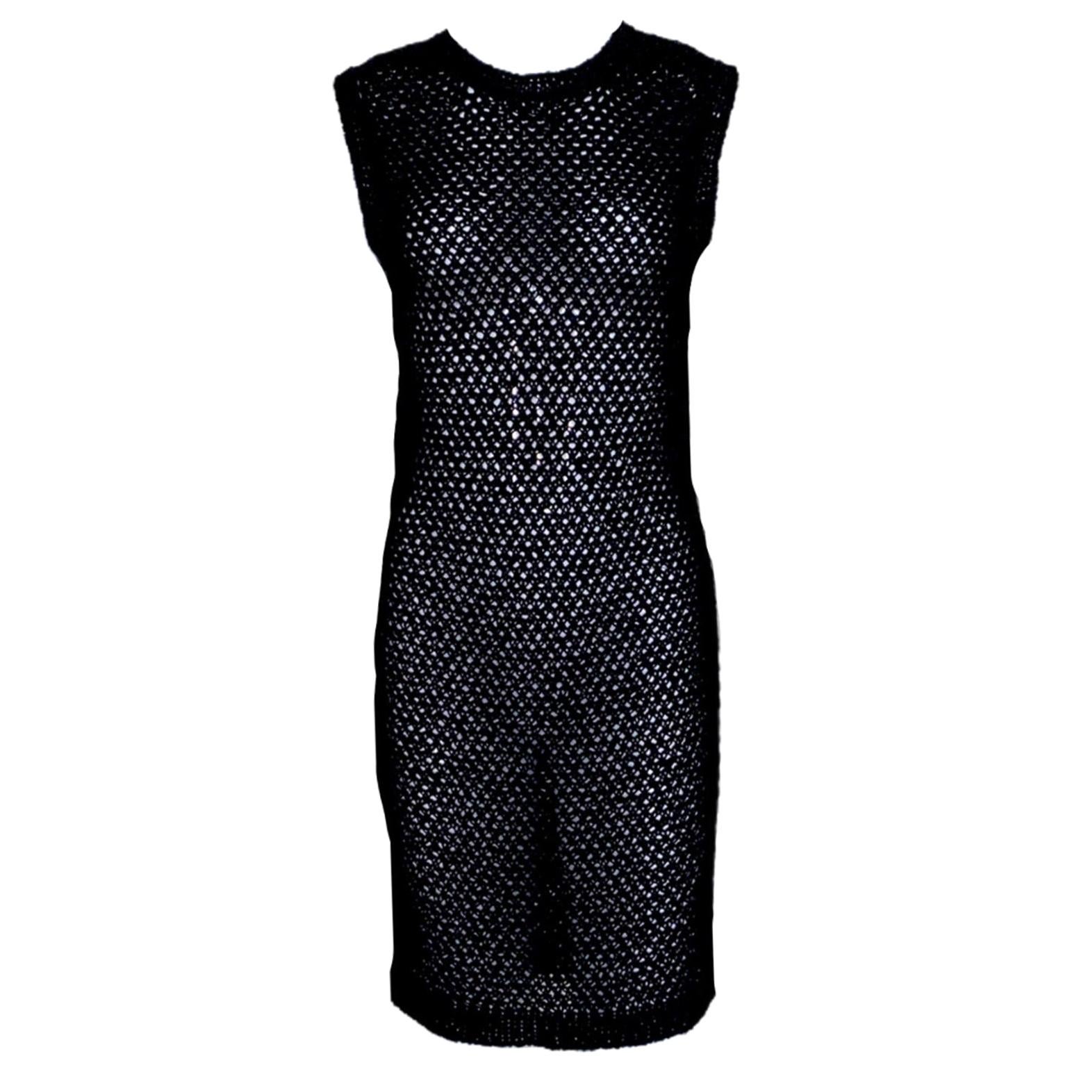 NEW Chanel Black Crochet Knit Woven Dress 42 For Sale
