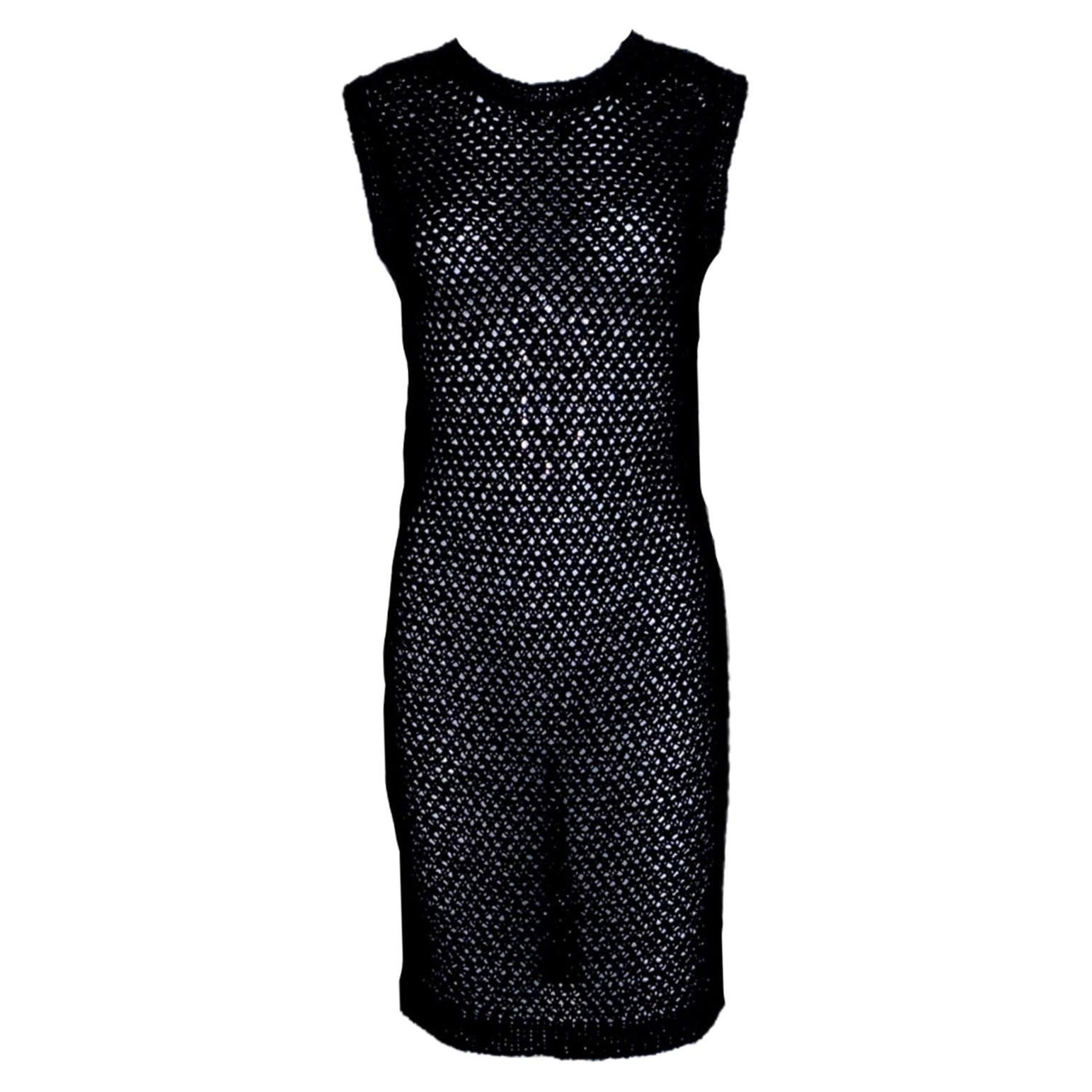 NEW Chanel Black Crochet Knit Dress including Slip Dress 38 For Sale