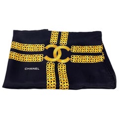 New Chanel Black & Gold Silk Scarf 90 x 90 cm 