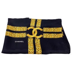 New Chanel Black & Gold Silk Scarf 90 x 90 cm