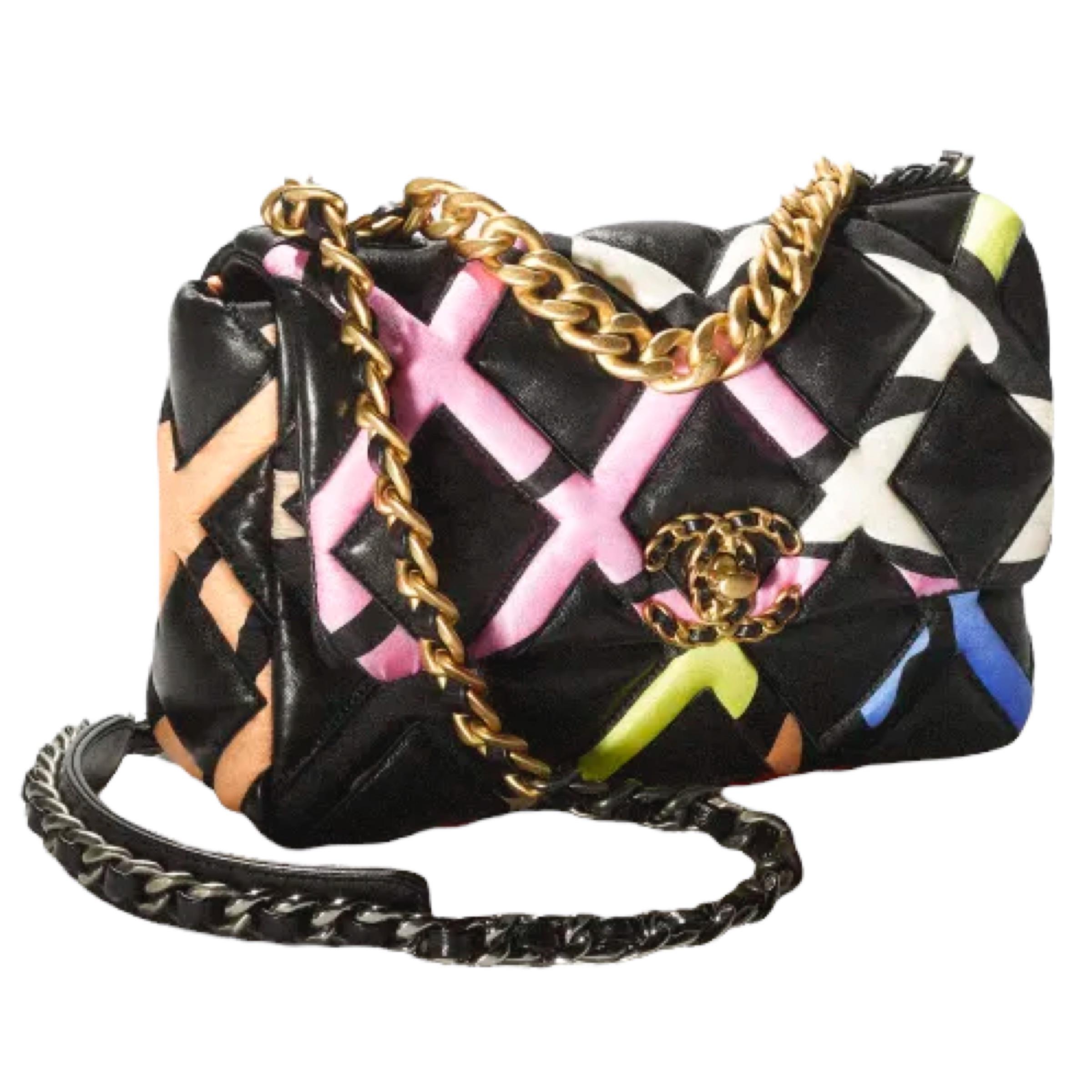 Women's NEW Chanel Black Multicolor Small 22S Lambskin Chanel 19 Flap Crossbody Bag For Sale