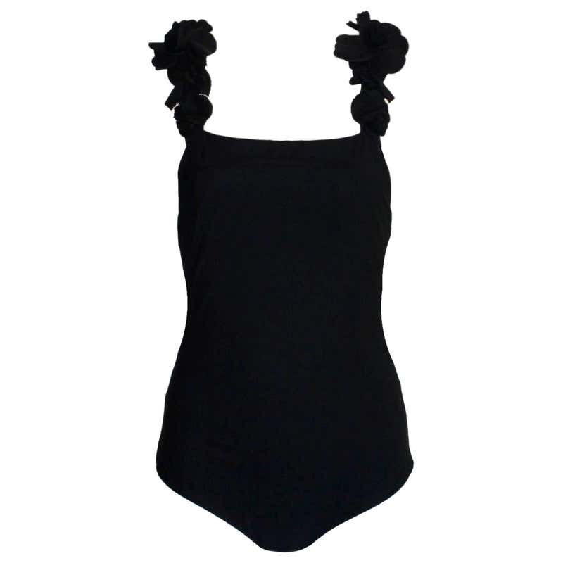 NEW Chanel Black One-Piece Camellia Signature Swimsuit CC Logo Plate at ...