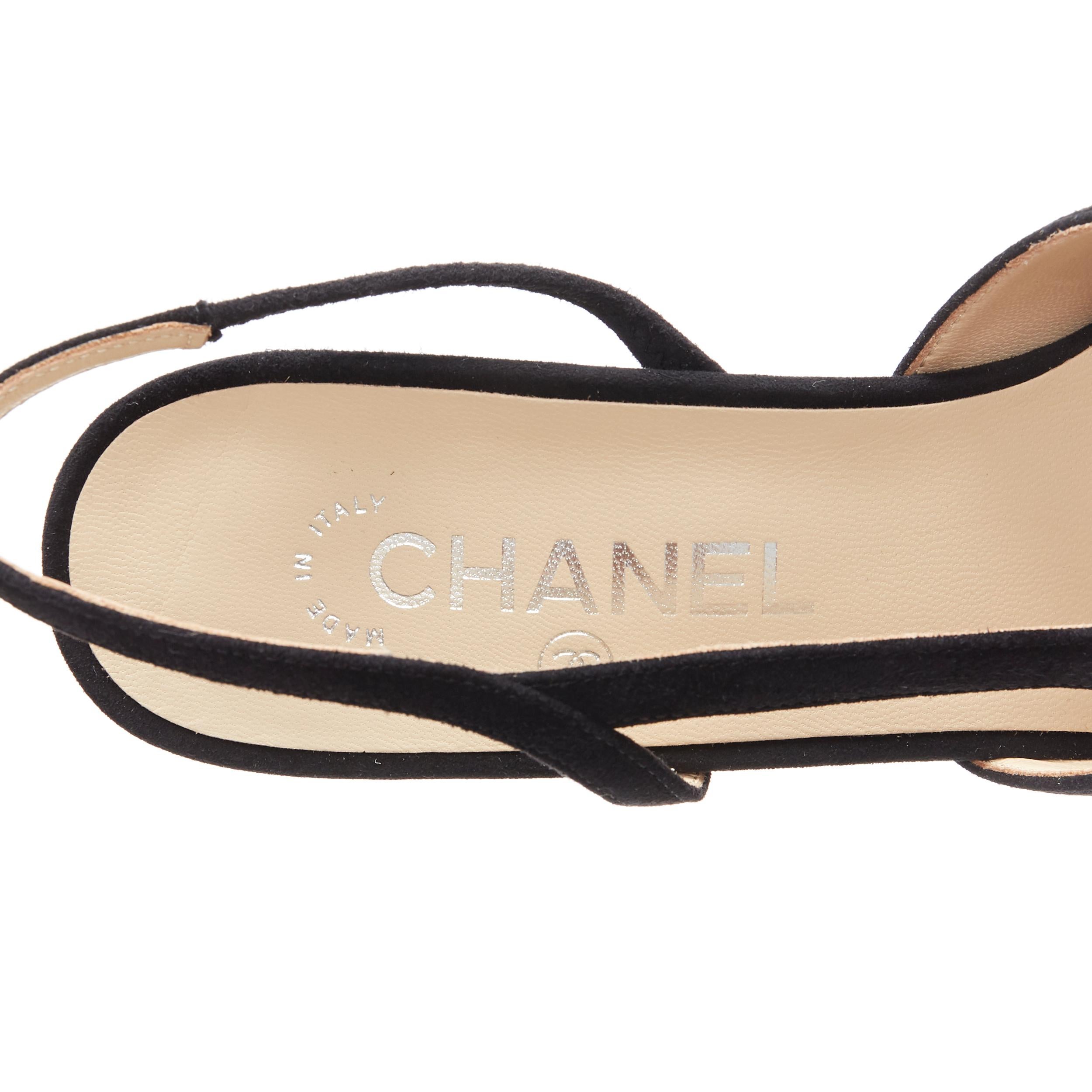 new CHANEL black suede silver toe cap CC logo mid block heel slingback pump EU39 3