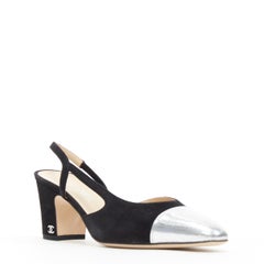 new CHANEL black suede silver toe cap CC logo mid block heel slingback pump EU39
