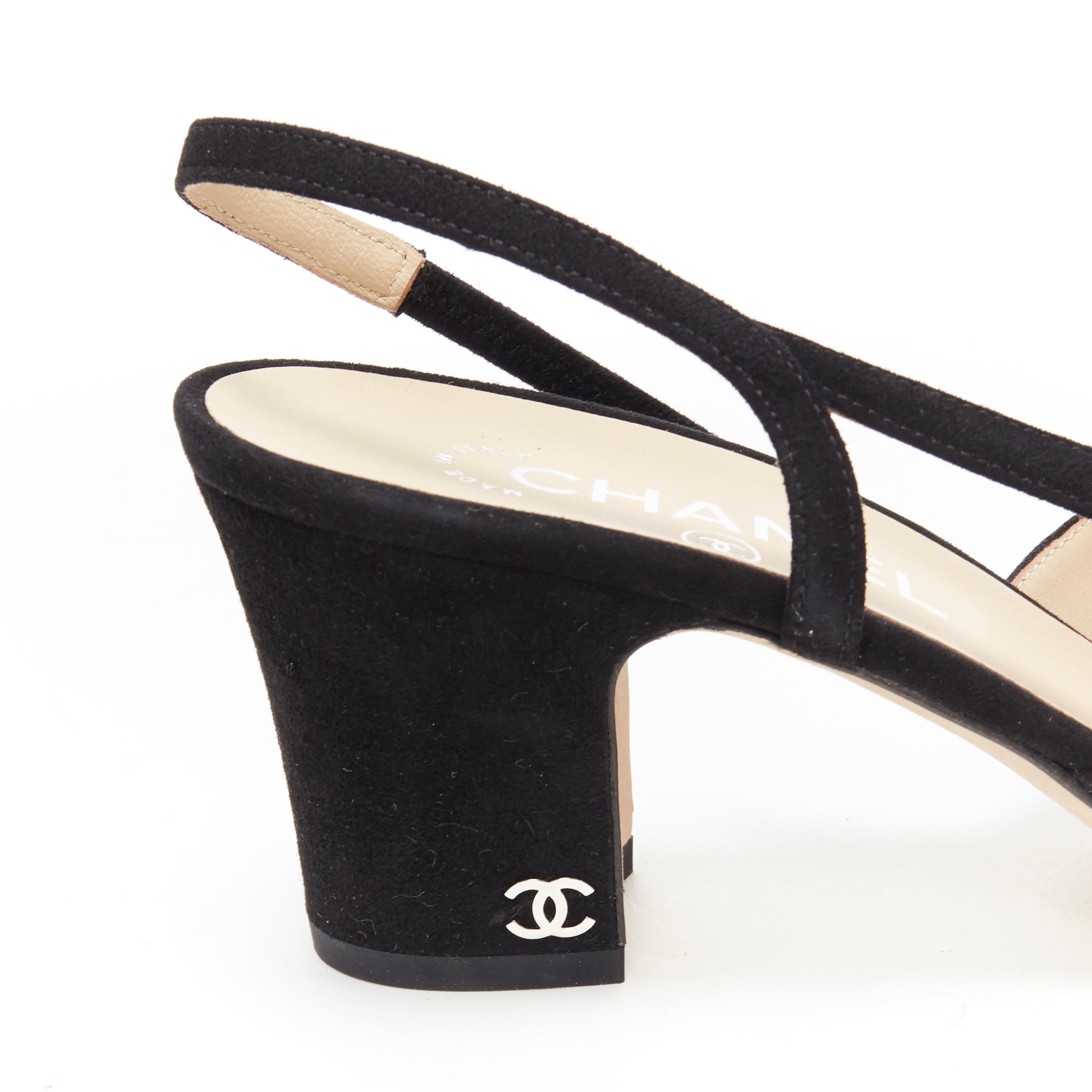 Women's new CHANEL black suede silver toe cap CC logo mid block heel slingback pump EU39