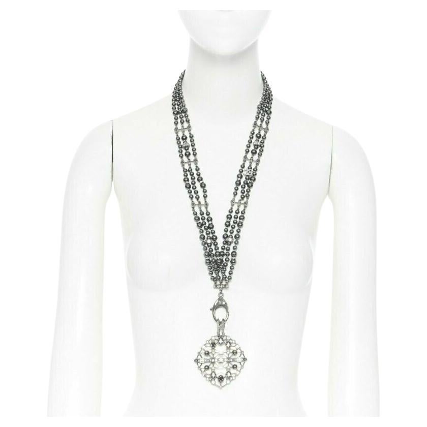 new CHANEL black triple strand pearl strass crystal clasp CC pendent necklace For Sale