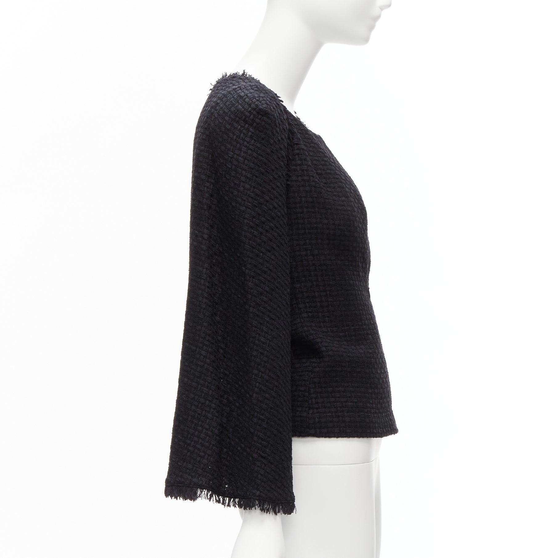 Women's new CHANEL black tweed cape back CC logo raw edge zip front jacket FR34 XS