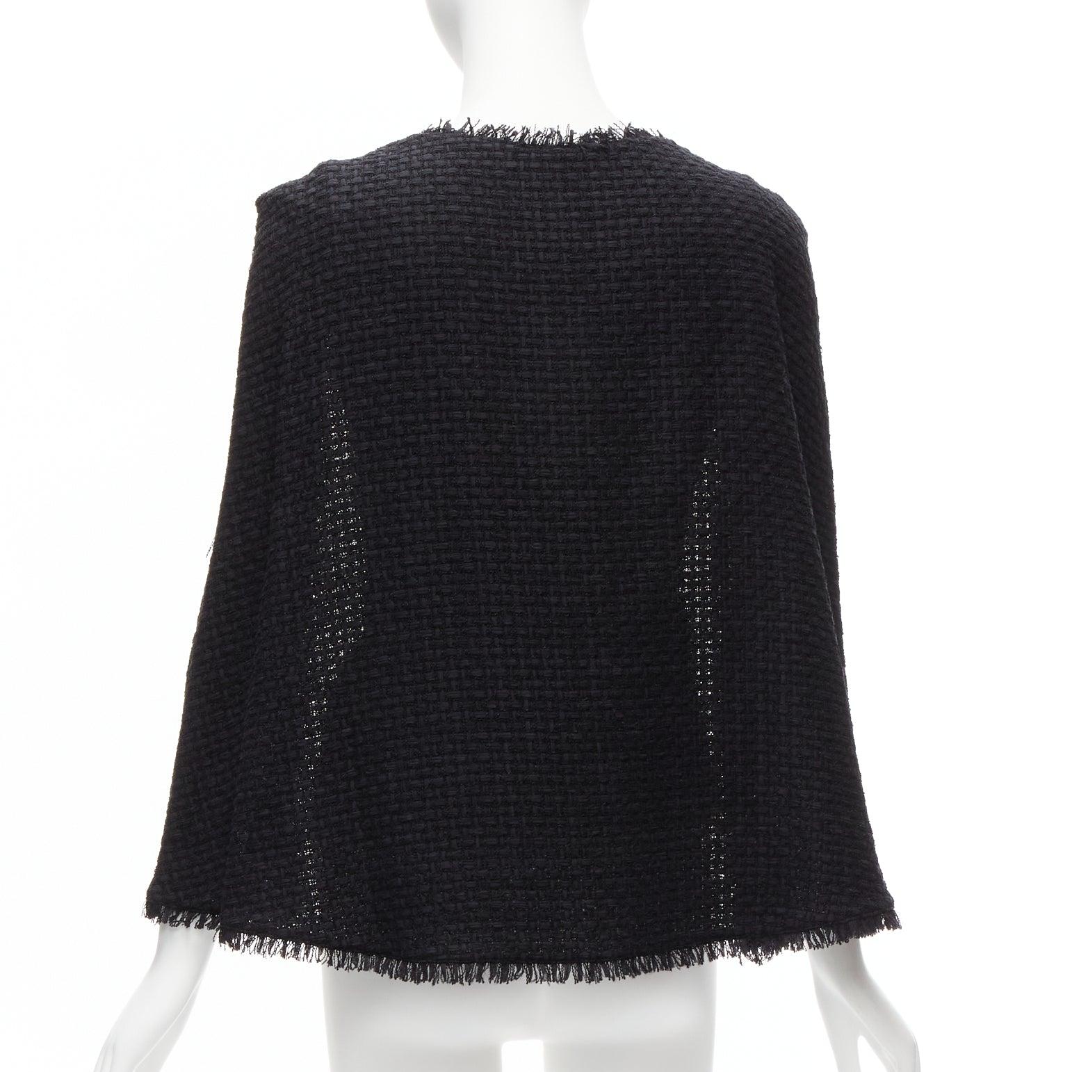 new CHANEL black tweed cape back CC logo raw edge zip front jacket FR34 XS 1