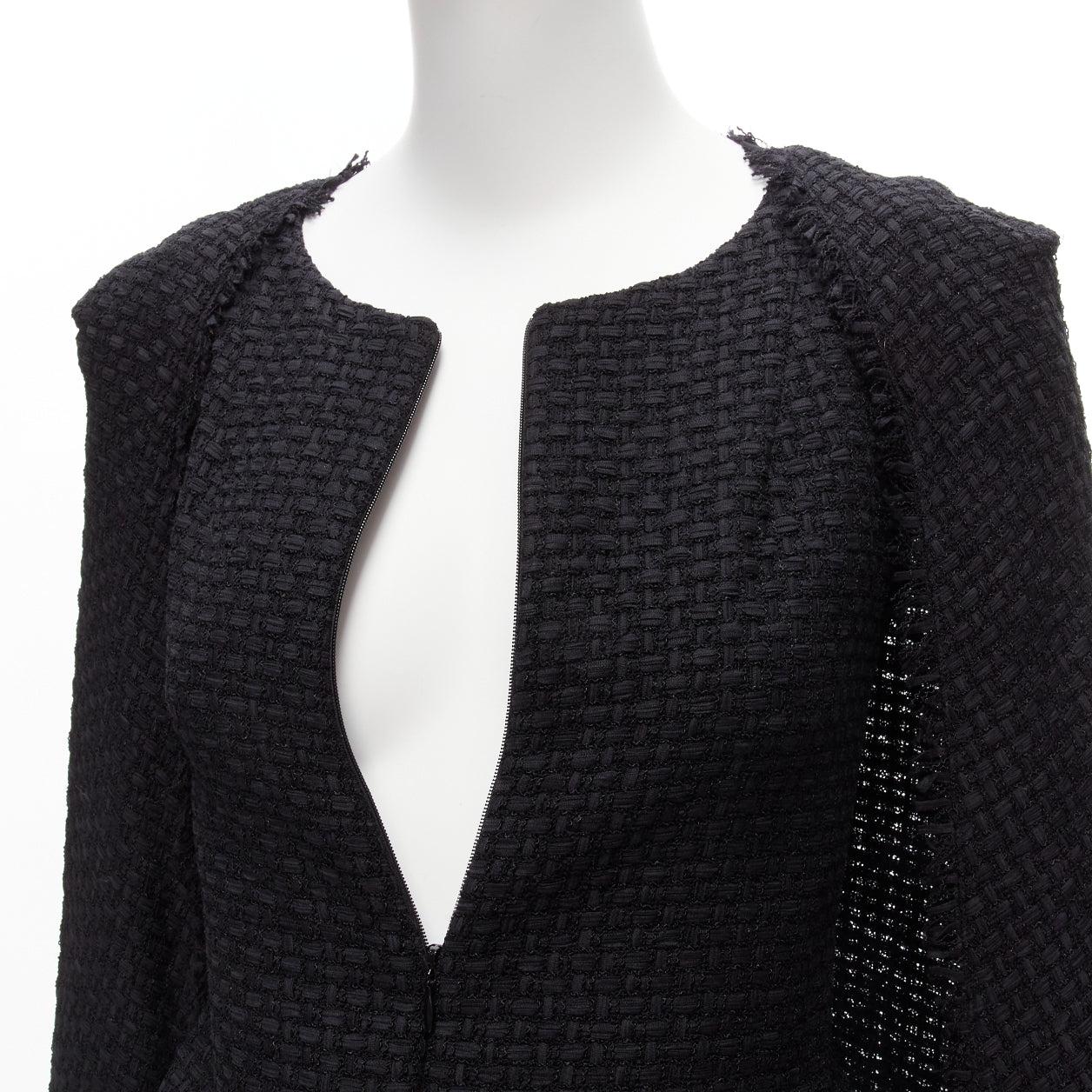 new CHANEL black tweed cape back CC logo raw edge zip front jacket FR34 XS 3