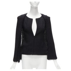 new CHANEL black tweed cape back CC logo raw edge zip front jacket FR34 XS