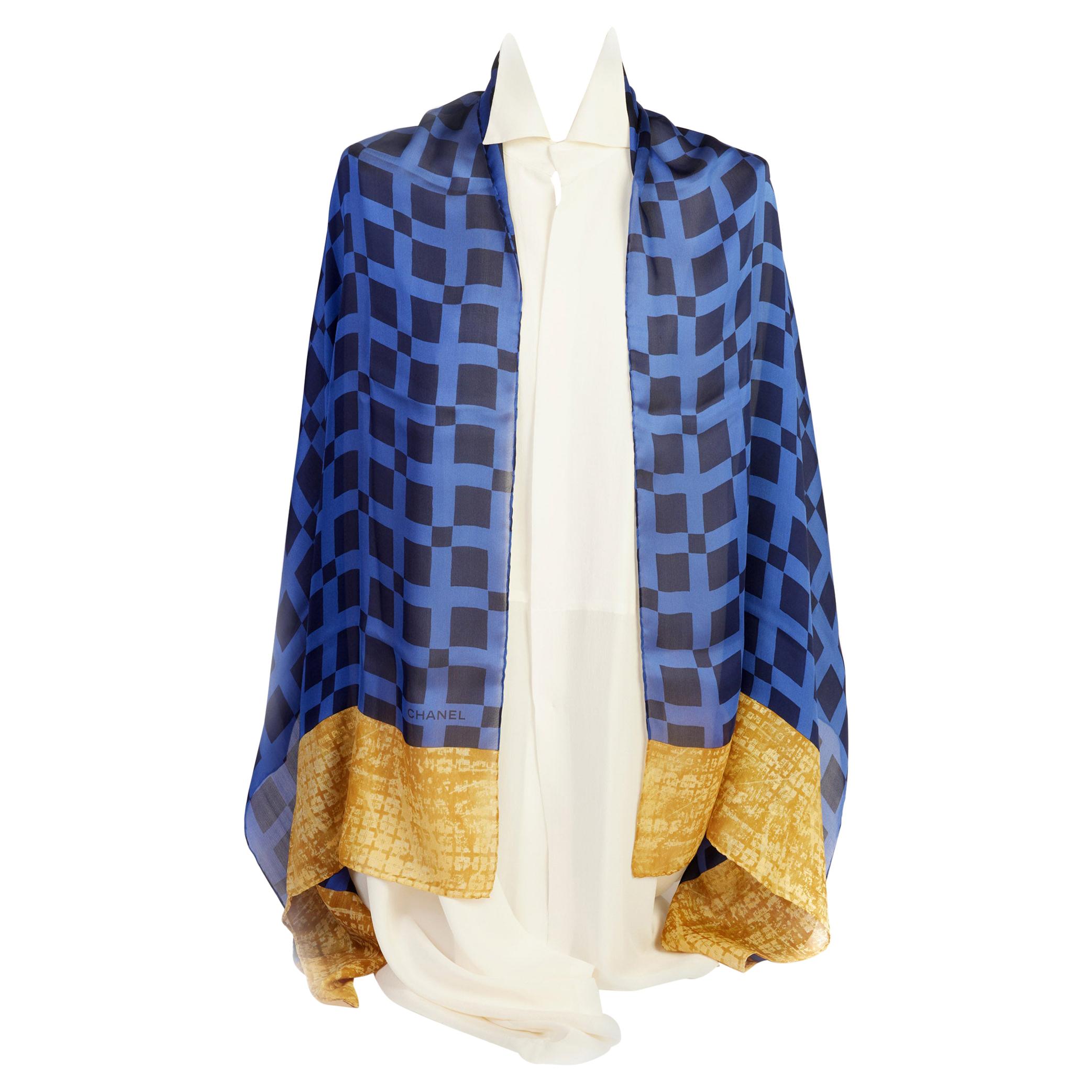 New Chanel Blue and Gold Silk Stole Shawl For Sale