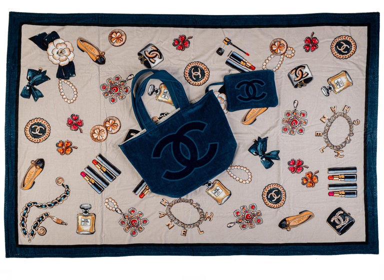 Bag + towel Chanel beach Navy blue Turquoise Cotton ref.142450 - Joli Closet