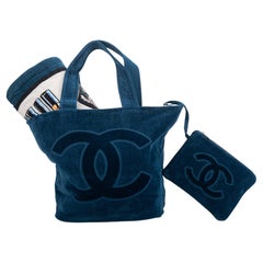 Bag + towel Chanel beach Navy blue Turquoise Cotton ref.142450 - Joli Closet