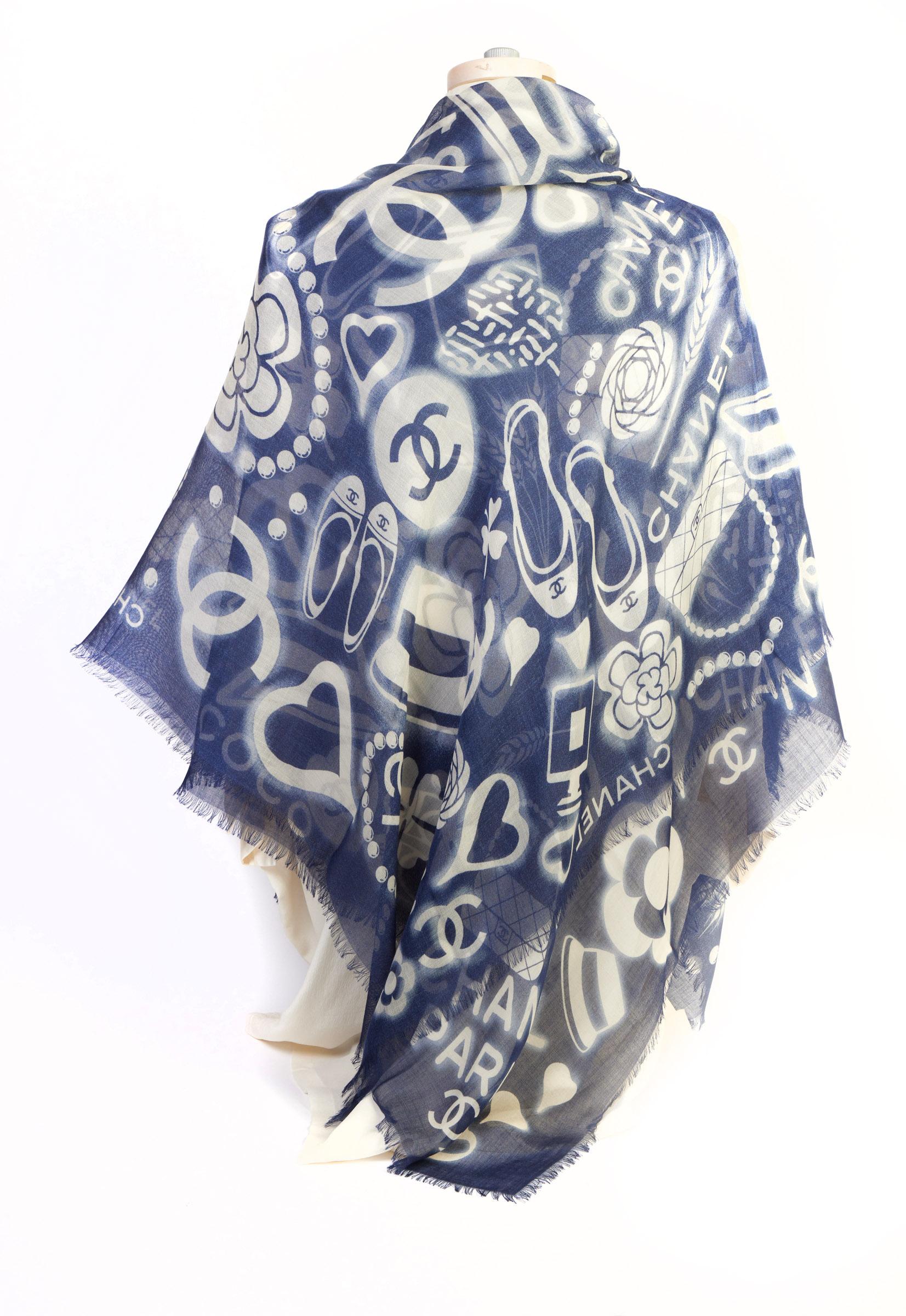 Chanel brand new 65% cashmere 35% silk blue and white iconic symbols square oversize shawl. Comes with original tag.