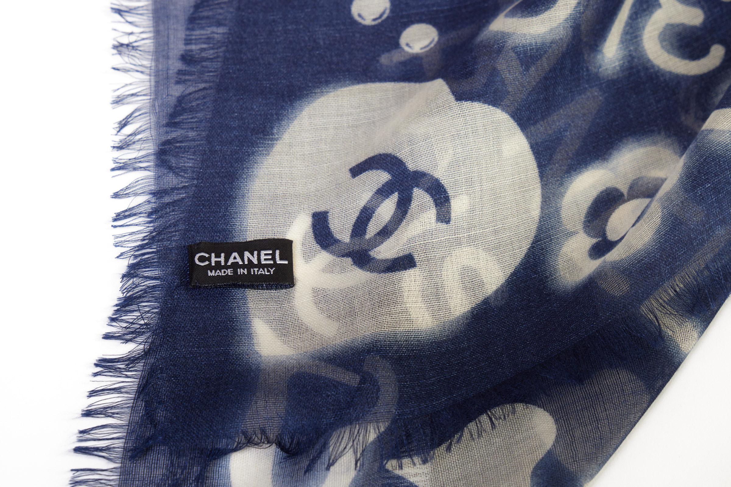 Gray New Chanel Blue Iconic Graphic Cashmere Shawl