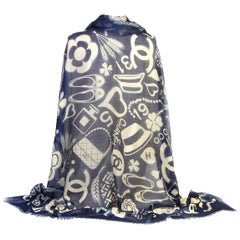 New Chanel Blue Iconic Graphic Cashmere Shawl