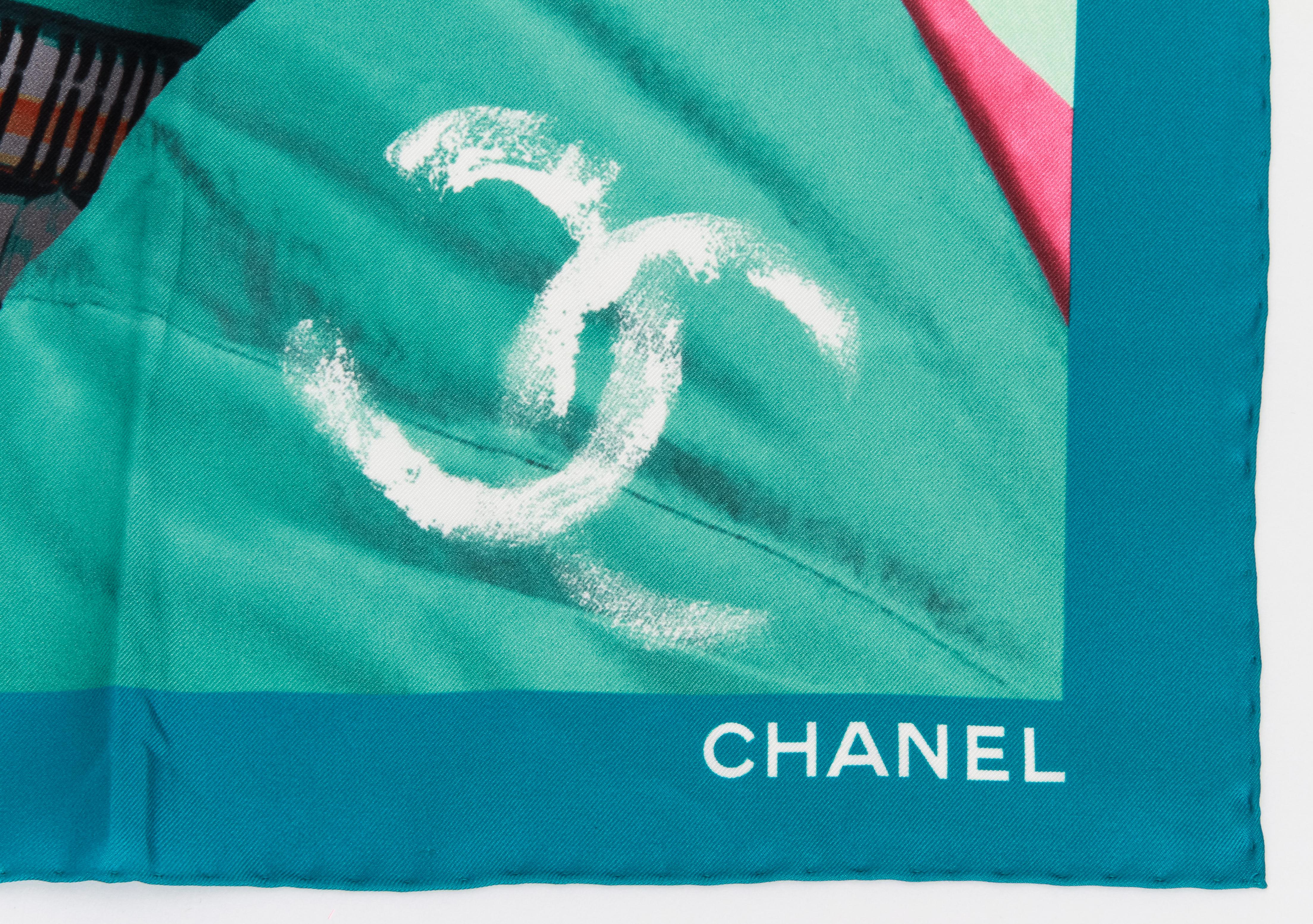 New Chanel Blue Multi Print Silk Coco Cuba Scarf In New Condition In West Hollywood, CA