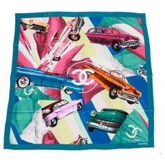 New Chanel Blue Multi Print Silk Coco Cuba Scarf