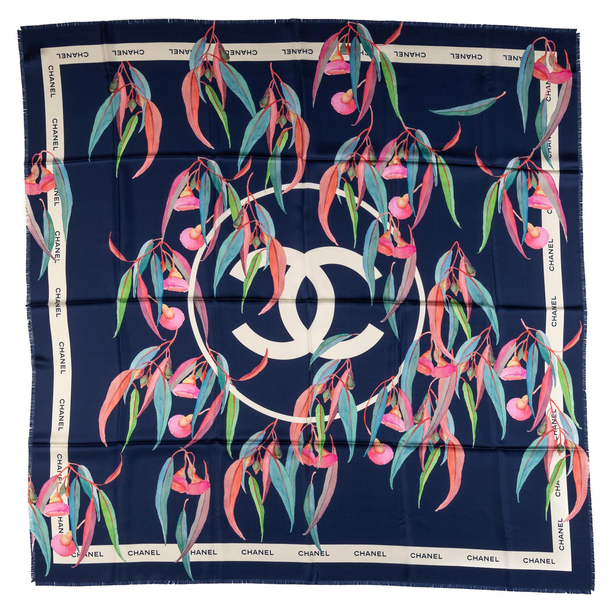 New Chanel Blue Oversize 54" Silk Scarf For Sale