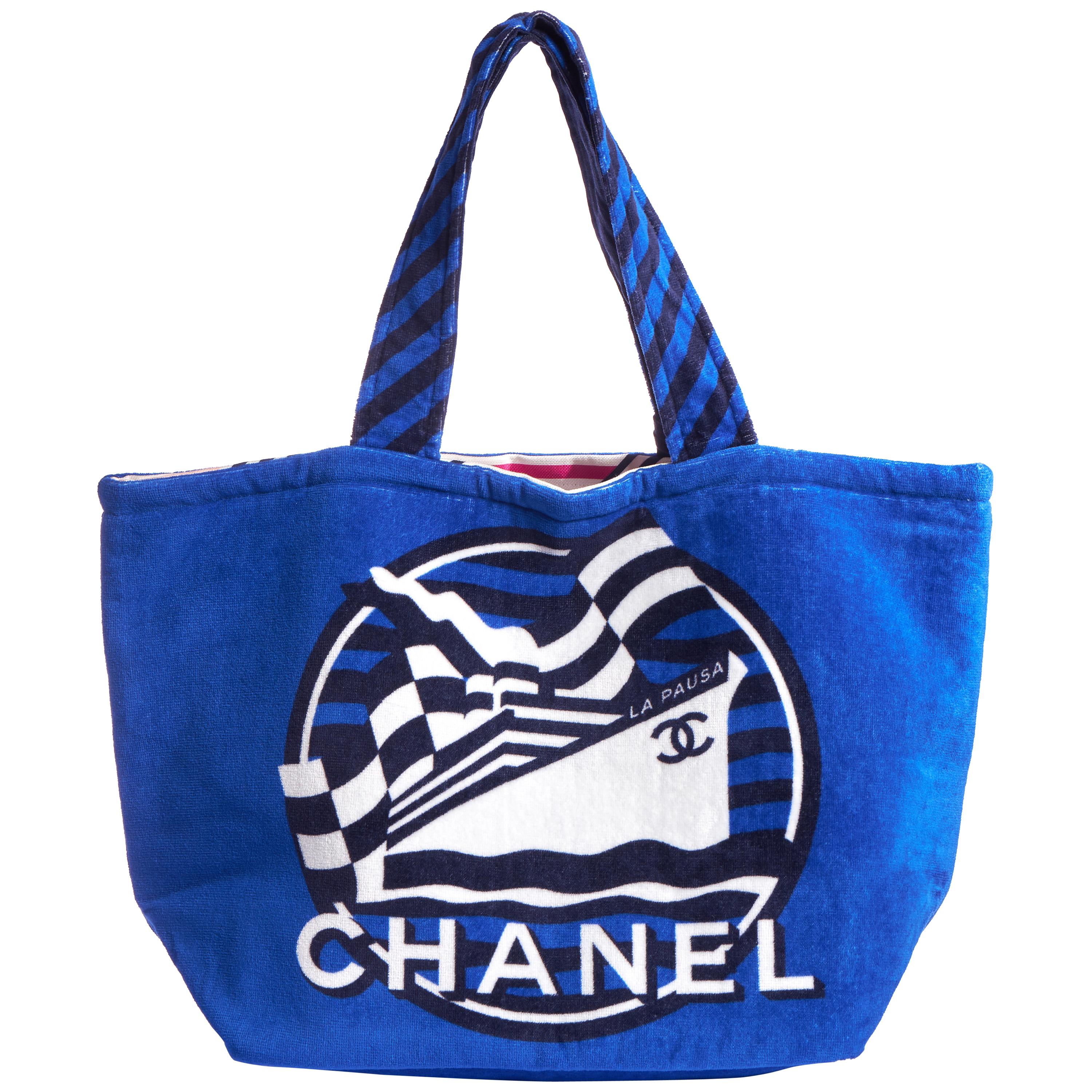 New Chanel Blue Terry Cloth Beach Bag at 1stDibs  chanel blue beach bag,  terry bag, chanel beach bag blue