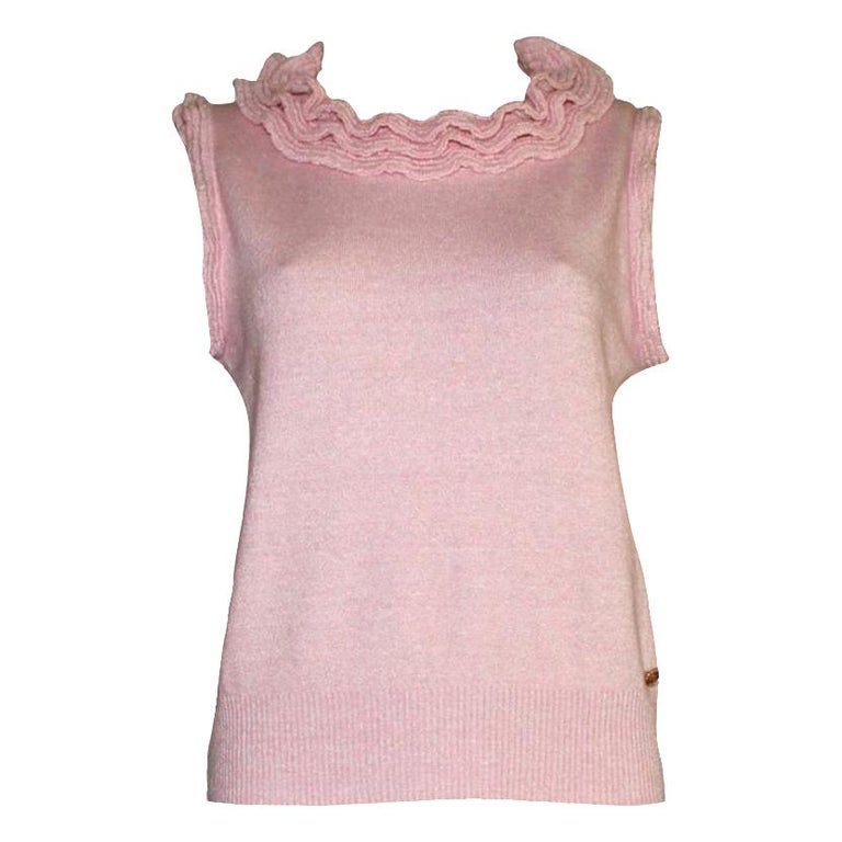 NEW Chanel Blush Pink Cashmere Ruched Knit Pullover Top with Ruffle Trim 40  For Sale at 1stDibs