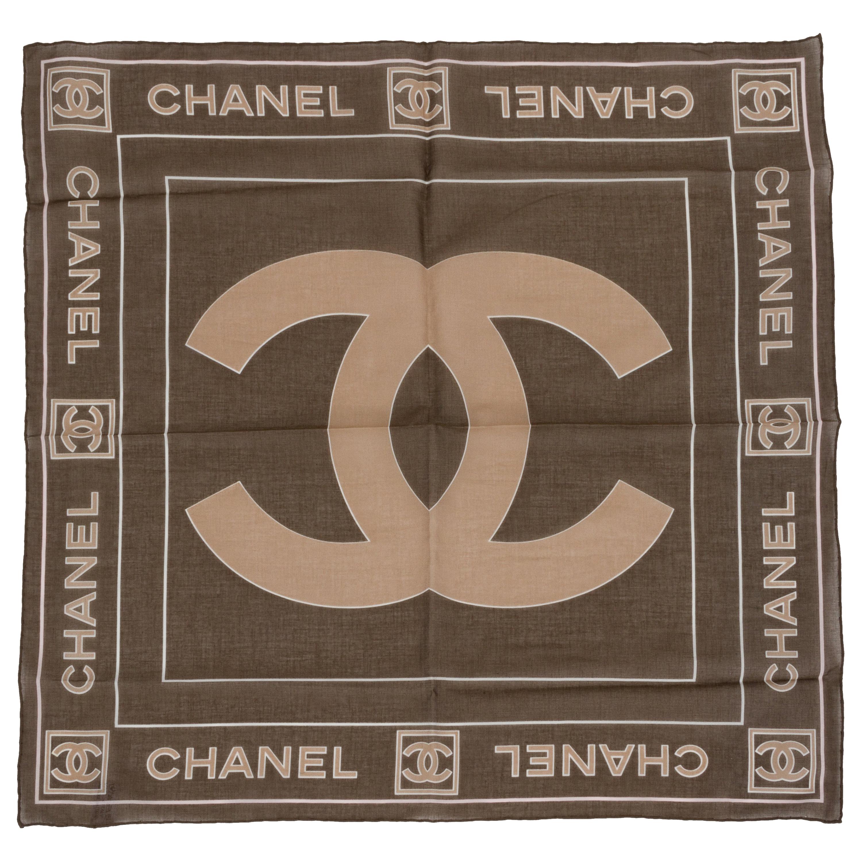 New Chanel Brown Cotton Logo Small Scarf