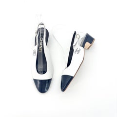 NEW Chanel Calfskin CC Logo Cap Toe White Dark Navy Slingback Low Heel Pumps 36